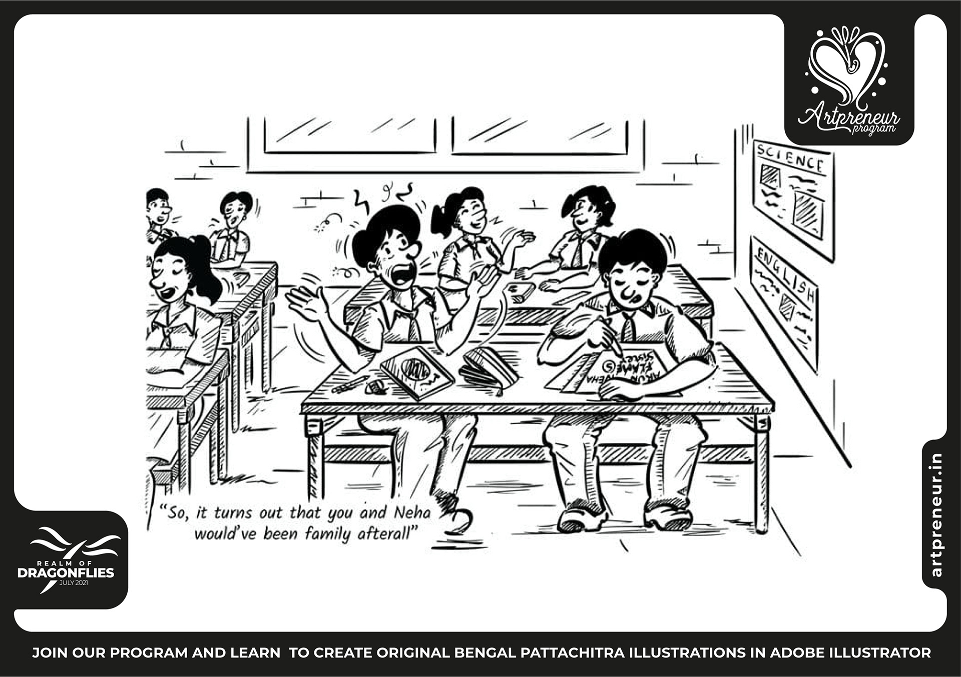 30 pen and pun comic cartoon illustrations: #22 Students in the canteen
