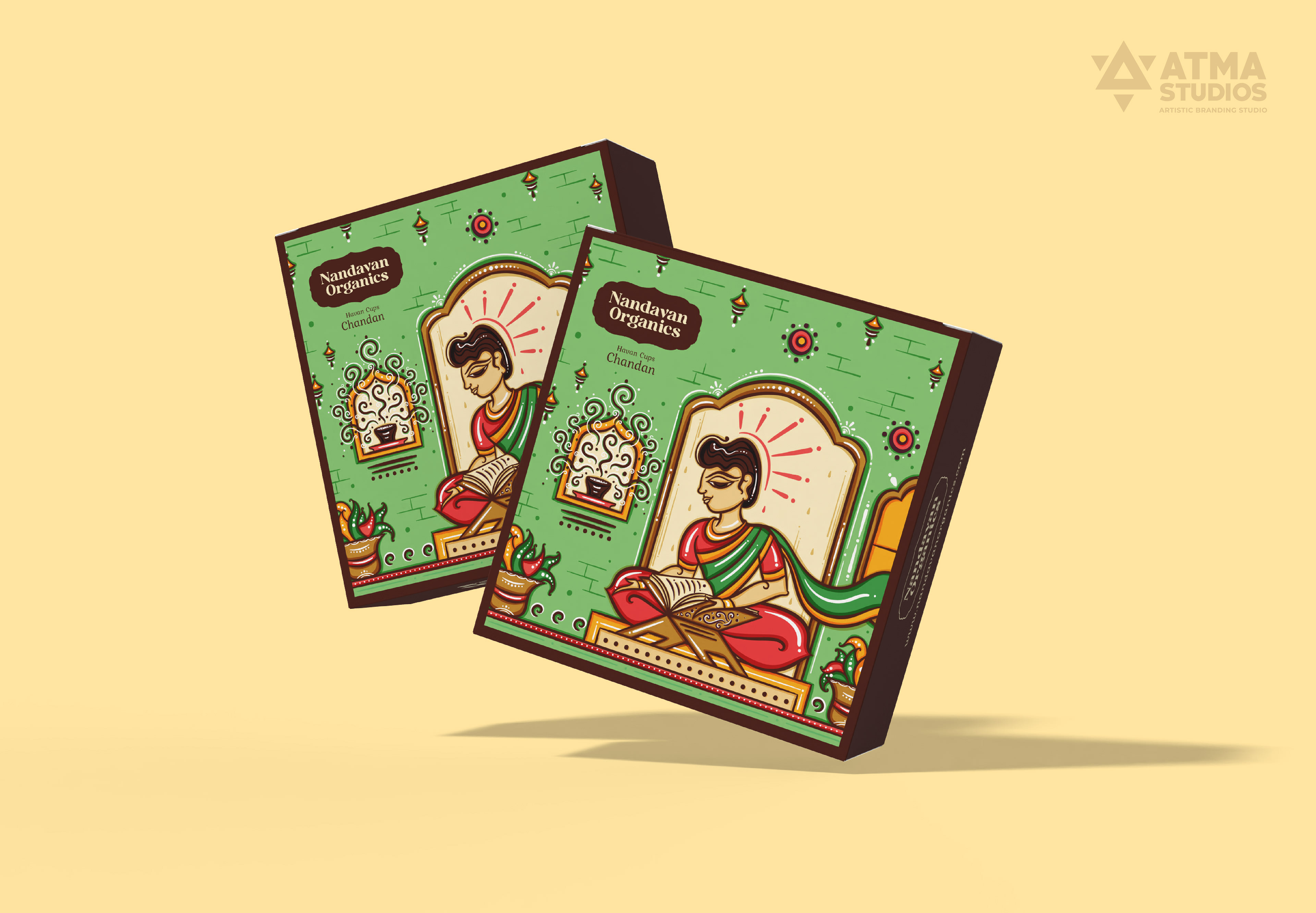 Nandavan Organics package illustrations in neo Bengal folk art: havan cups boxes in perspective