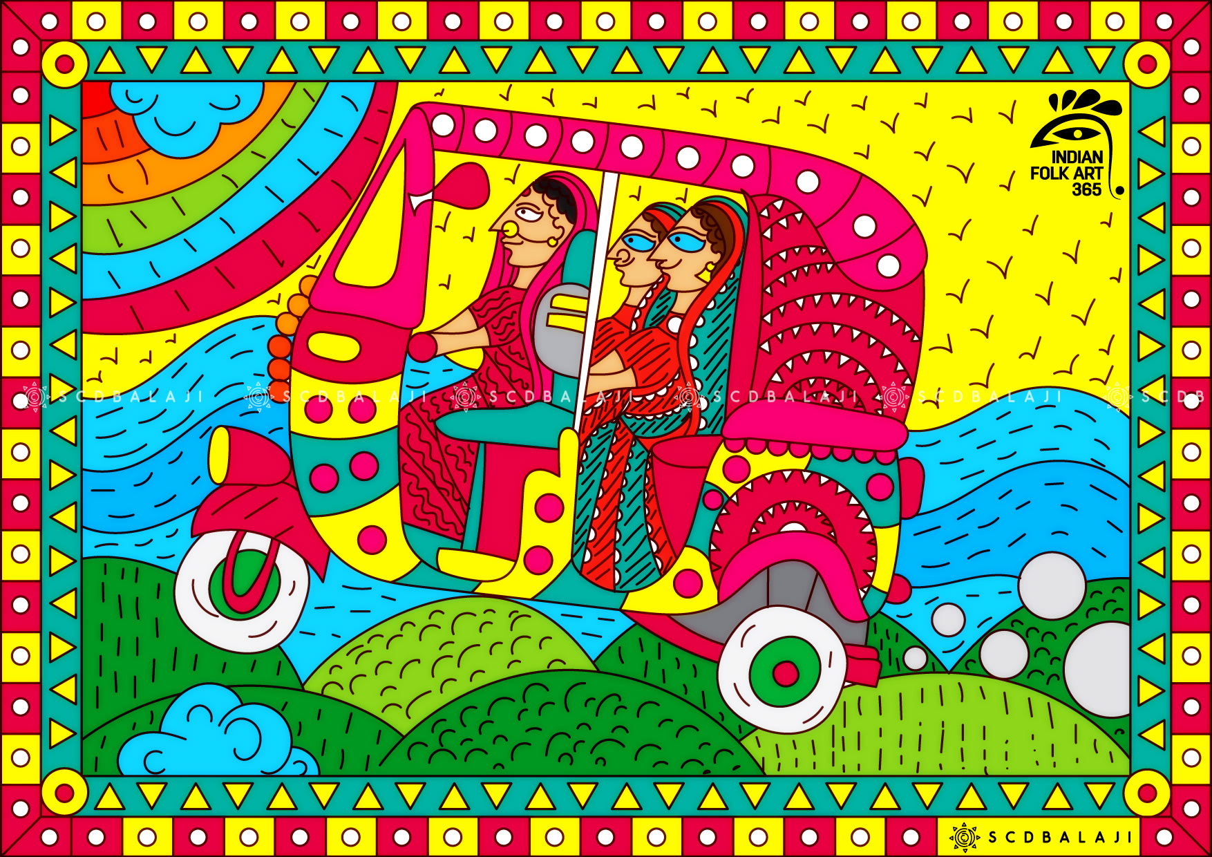 50 contemporary Indian folk art illustrations: #14 Couple in an auto rickshaw