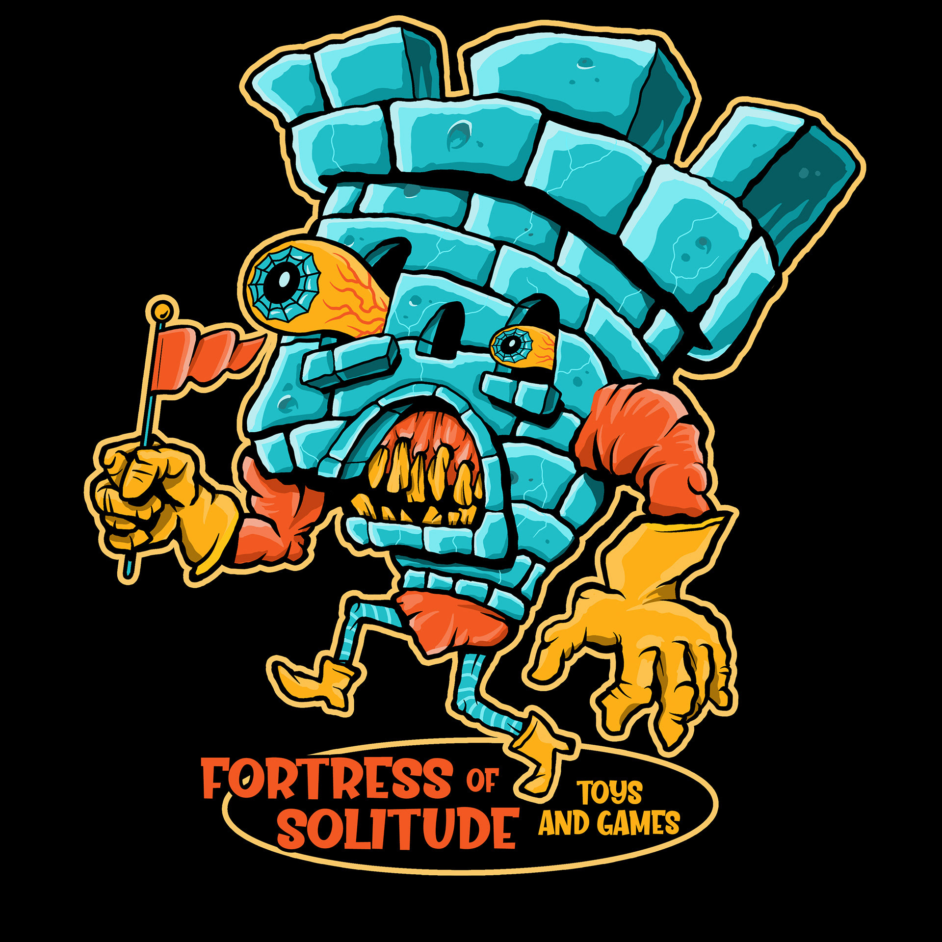 This design is my rendition of the toy store's logo, a personified rook-like castle