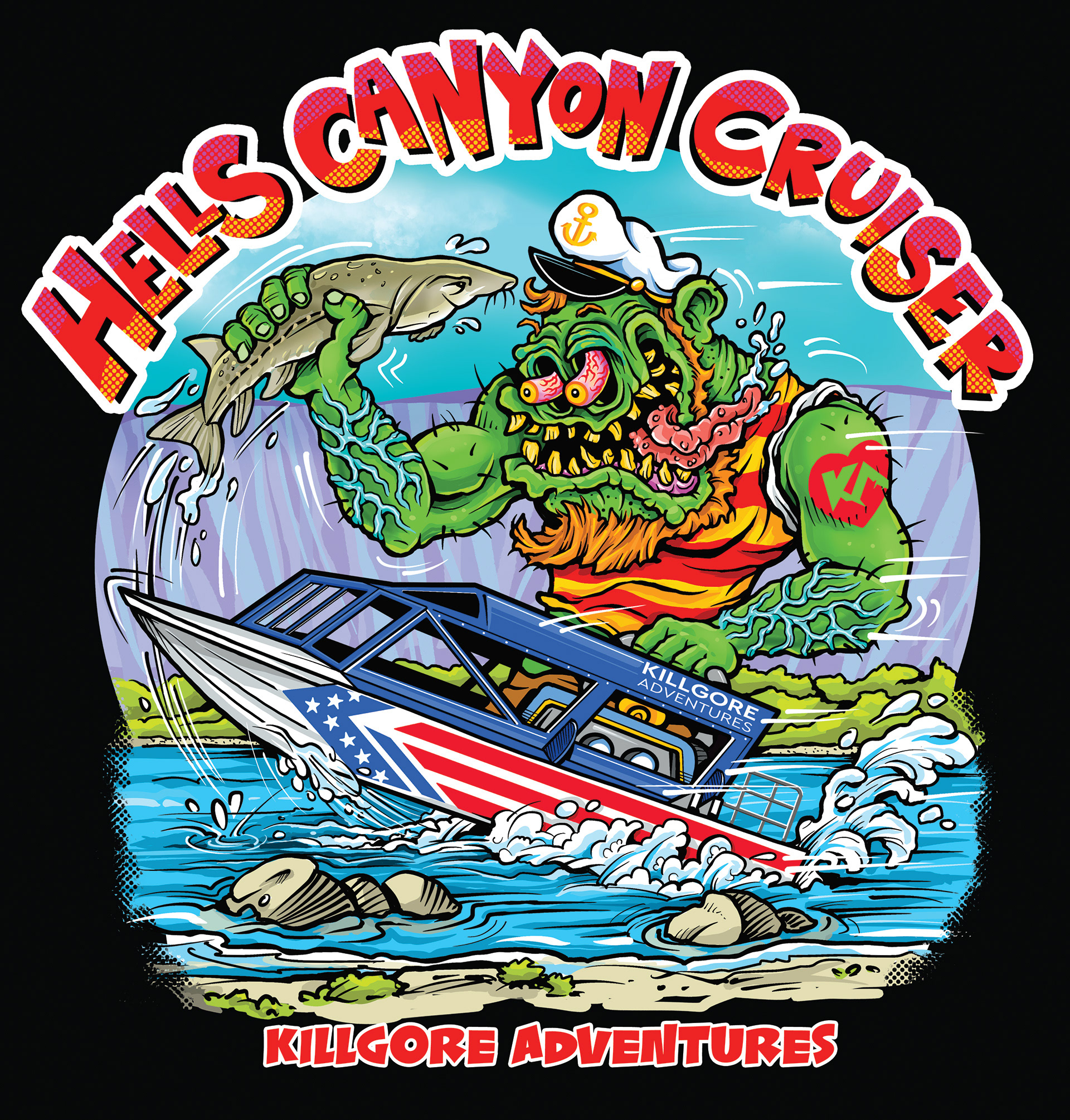 Killgore Adventures wanted to feature one of their jet boat tours on this shirt