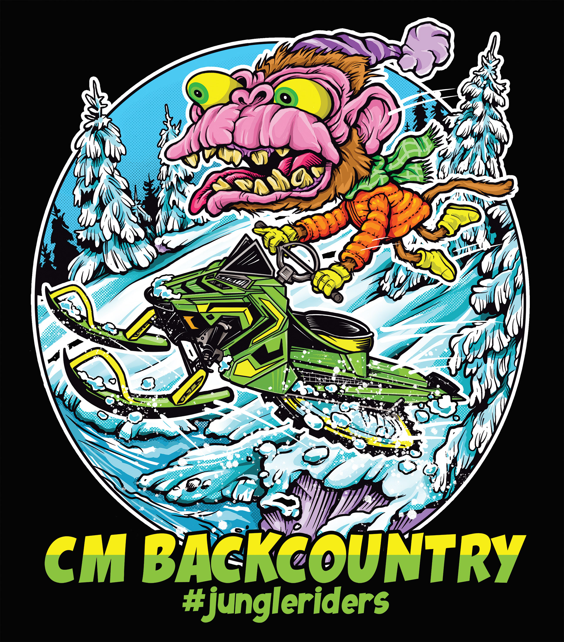 CM Backcountry does snowmobile tours and one area of their course is called "the Jungle" so they asked for a monkey on a snowmobile