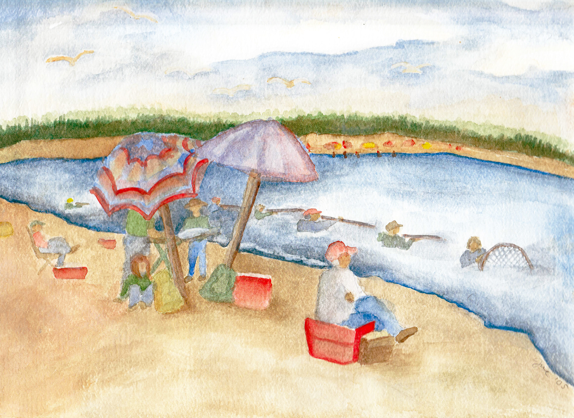 Dipnetting on the Kenai, Alaska, 2005. Watercolor, 9 x 12 inches.