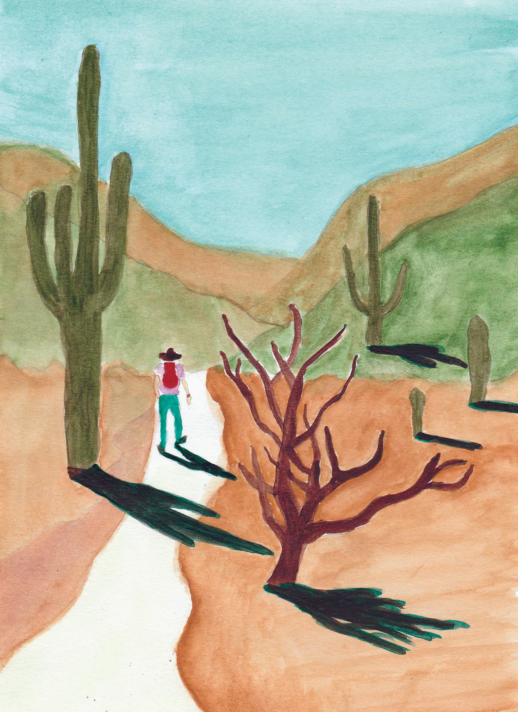 Pima Canyon Hike, 2025. Watercolor and colored pencil, 9 x 6 inches.