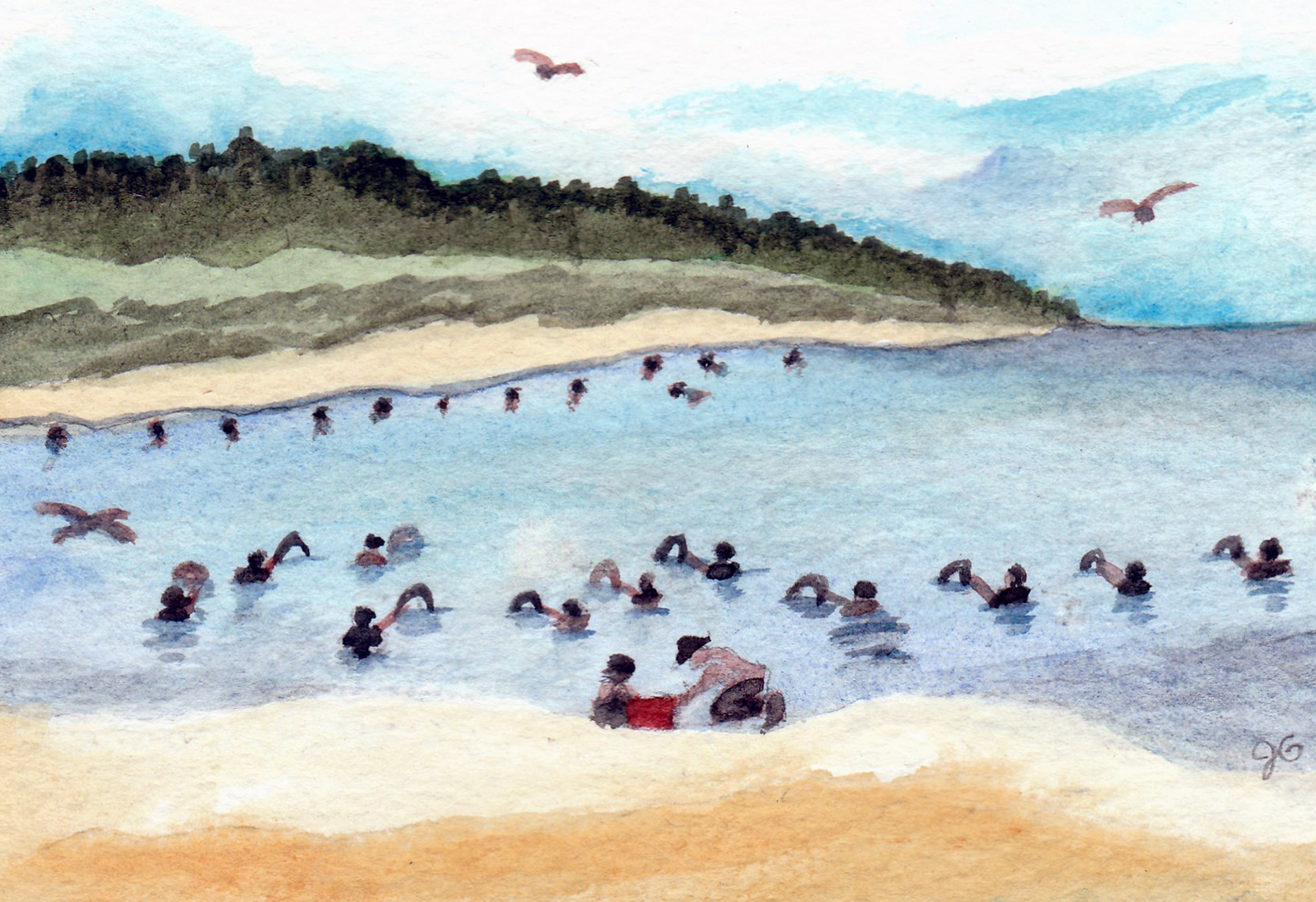 Dipnetting on the Kenai, Alaska, 2022. Watercolor, 6 x 9 inches.