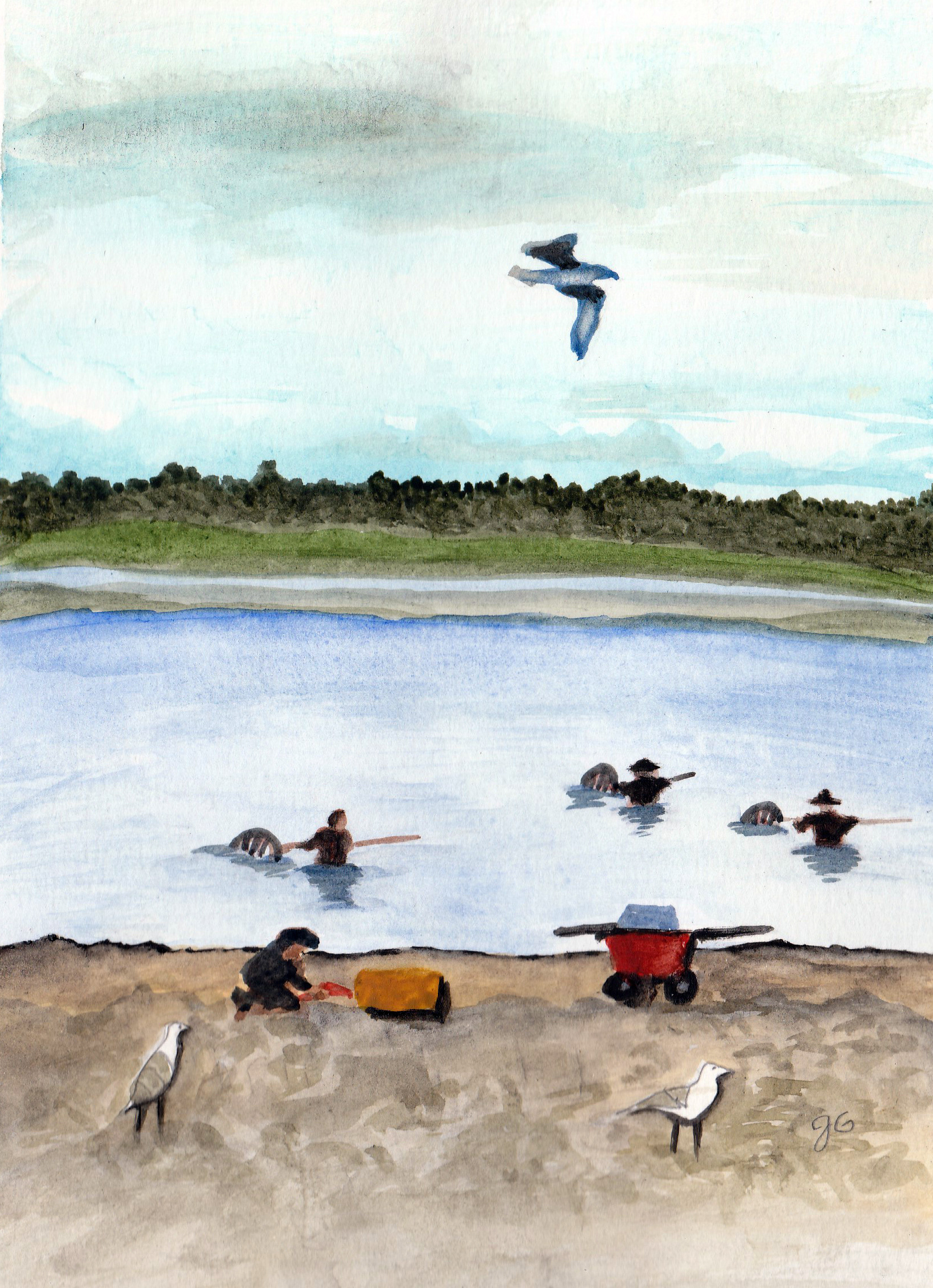 Dipnetting on the Kenai, Alaska, 2022. Watercolor, 6 x 9 inches.
