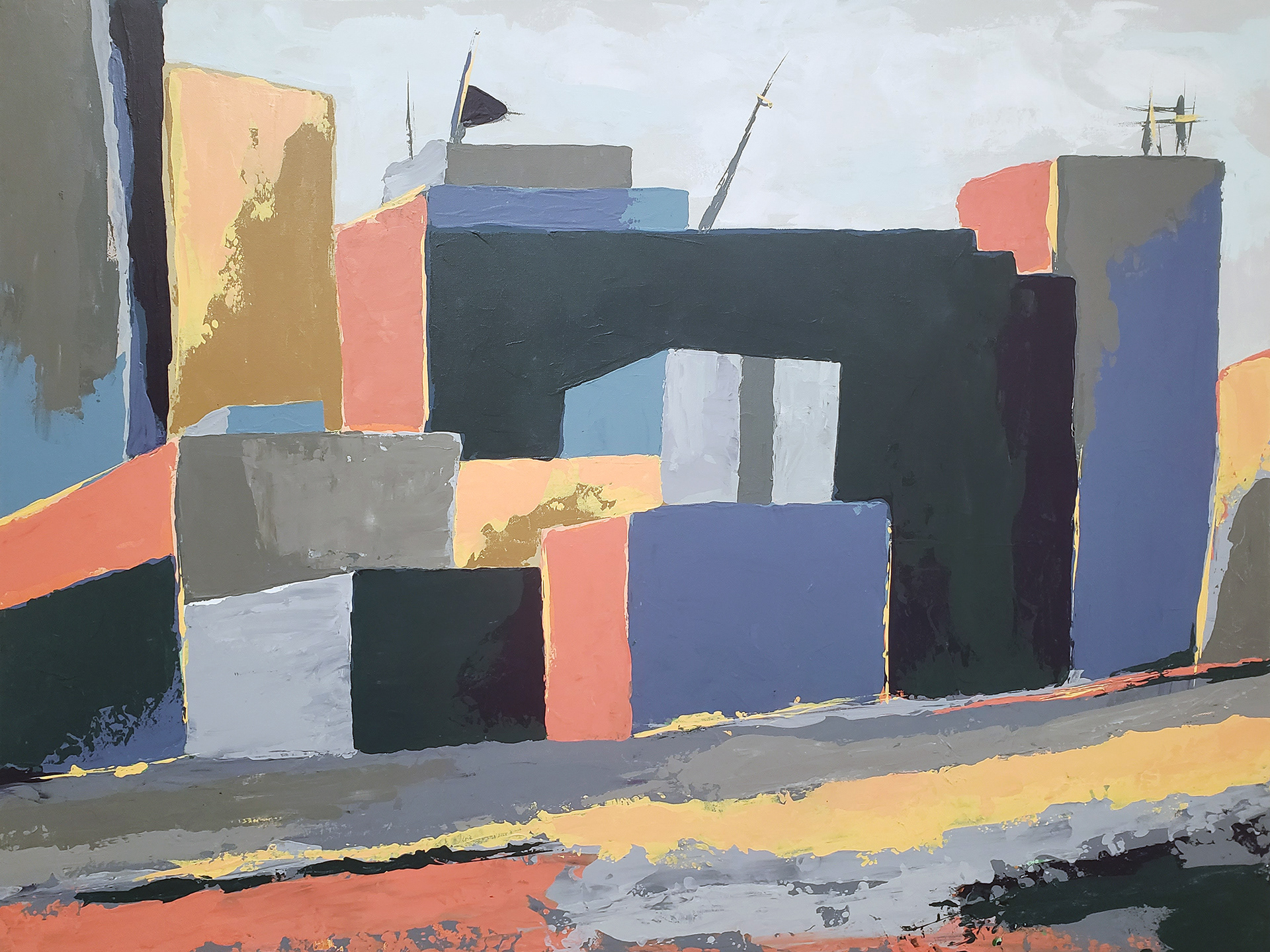 View of Anchorage from Port, 2021. Acrylic on canvas, 36 x 48 inches (was in Alaska 2023 Biennial Exhibition.)