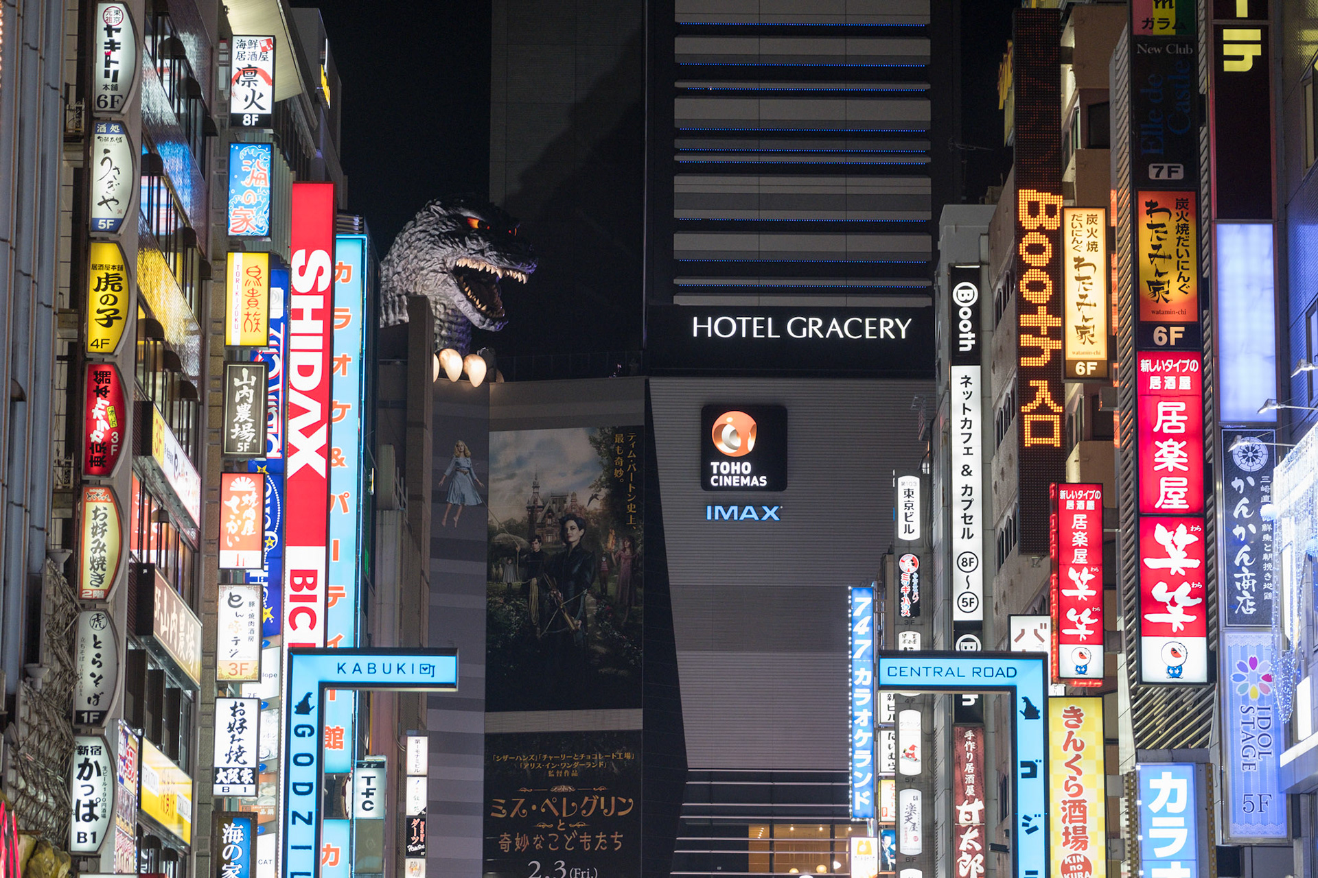 Godzilla on top of the Hotel Gracery in Kabukicho, Shinjuku, Tokyo.