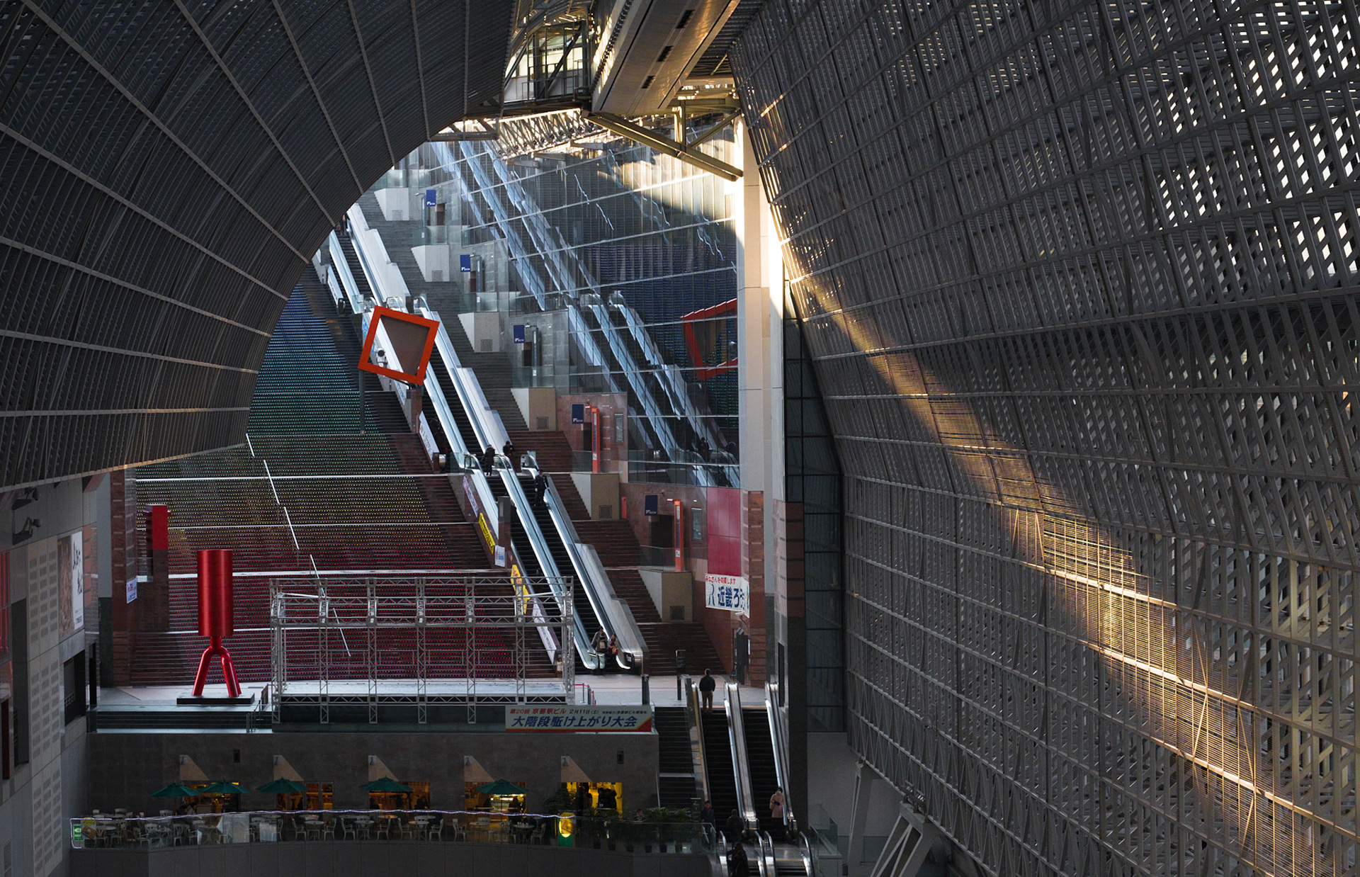 Interior photo of the very large Kyoto Station.