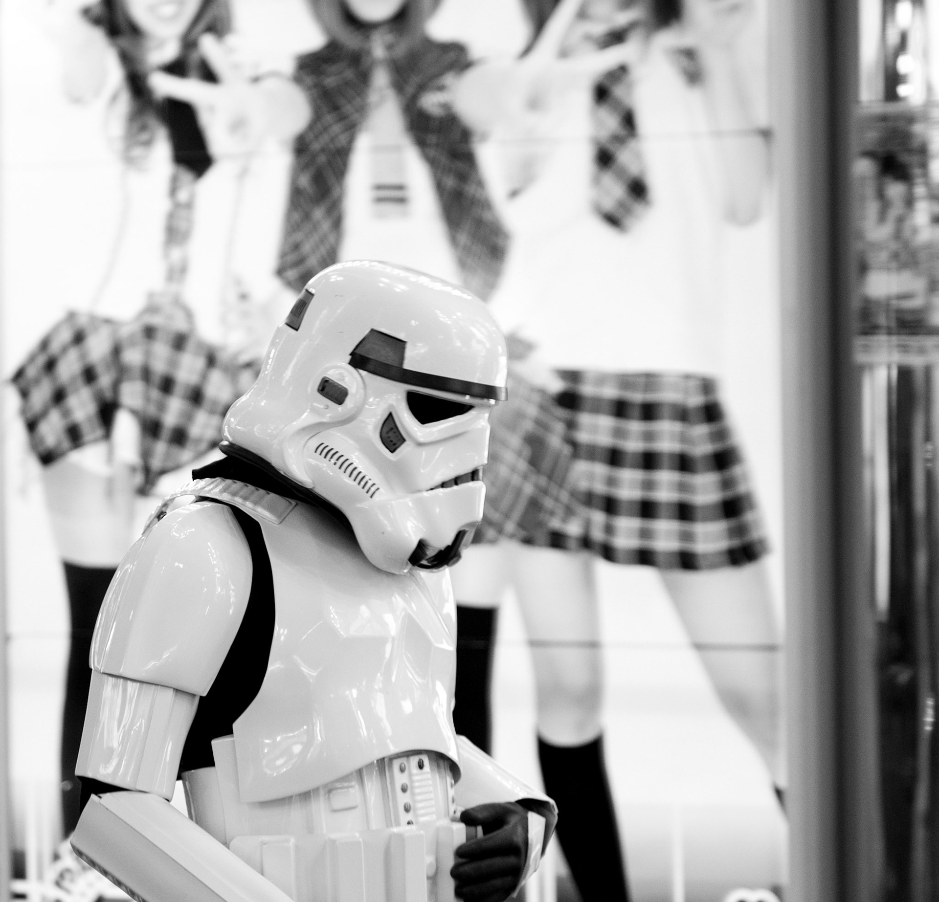Star Wars Storm Trooper walking through the Kabukicho entertainment district of Shinjuku, Tokyo. The storm trooper appeared to be picking up litter and trash from the street.