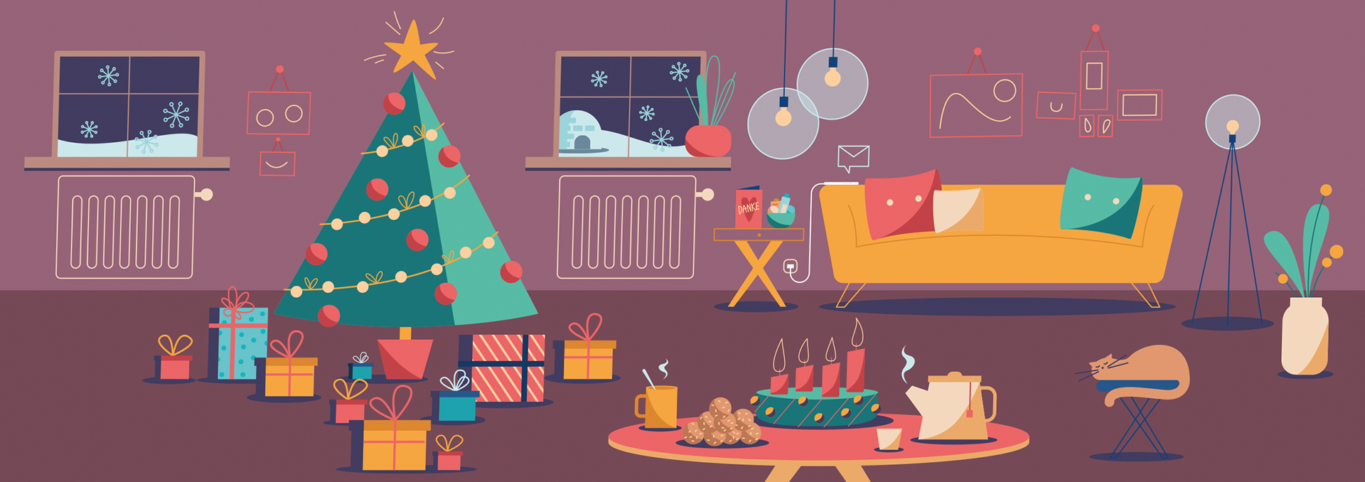 weihnachten, digitale illustration, postkarte, xmas, geschenke, presents, katze, wohnzimmer, cozy, winter, vektor, vector