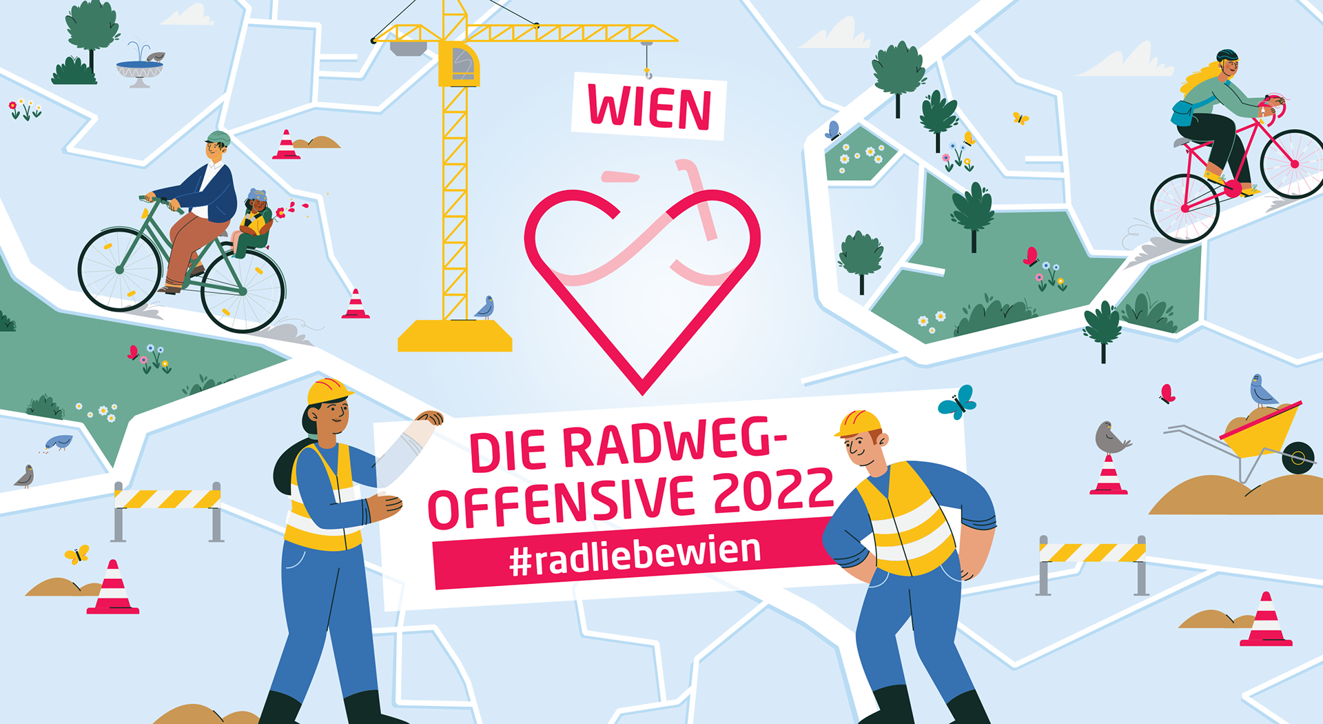 umwelt, wien, fahrrad, radweg, umbau, österreich, illustration wien, illustratorin, vektorn, fahrradfahrerin, hund, umbauarbeiten, grätzl.