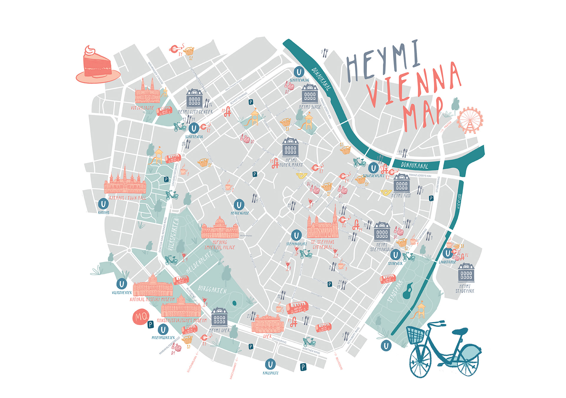 wien, karte, illustration, icons, sightseeing, digital, vienna map, zentrum, 1. bezirk, heymi, tourismus, ferien, urlaub