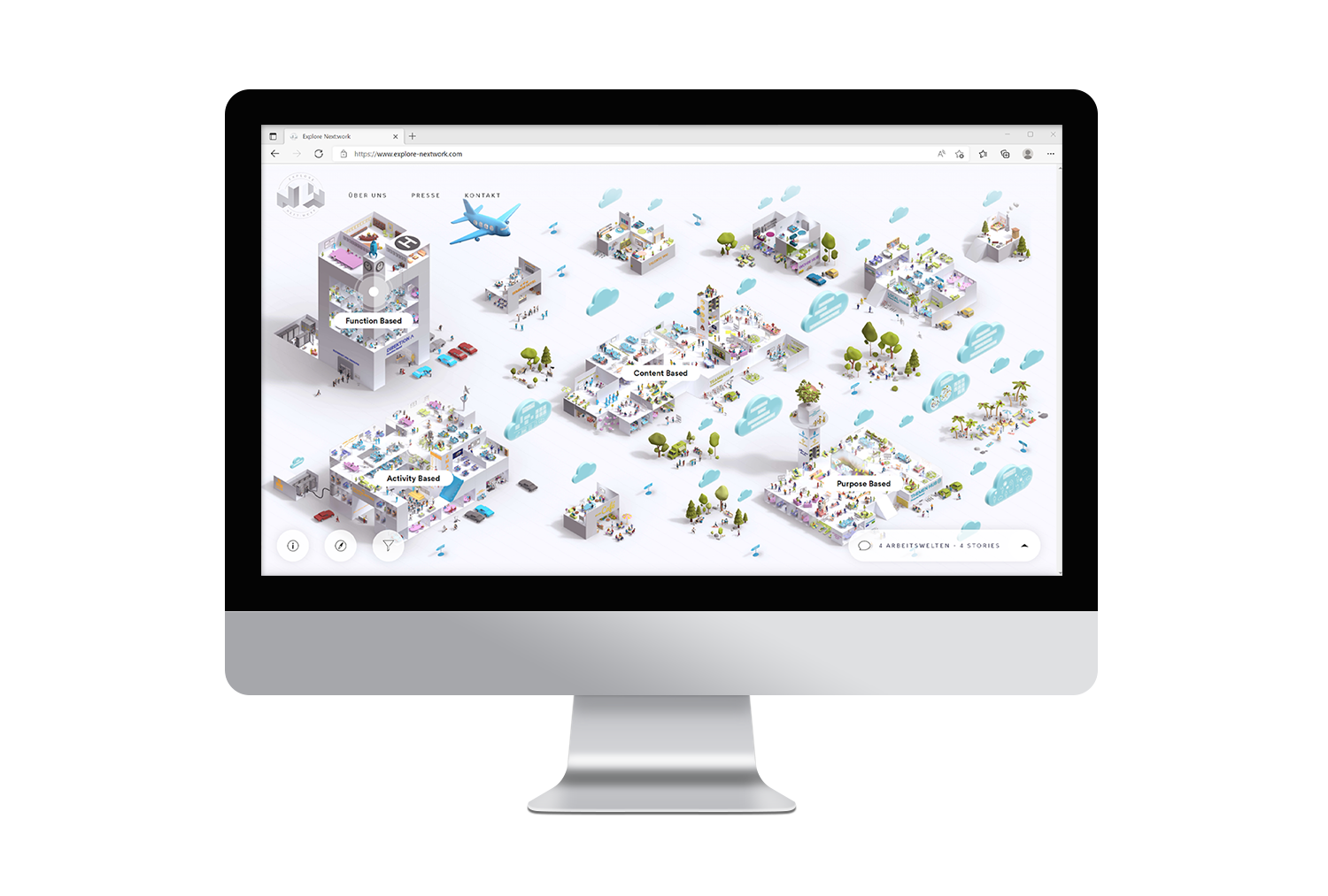 wimmelbild, 3D, illustration, characters, design, still, rendering, posing, lighting, modelling, yaymk, nextwork, moocon, austira, österreich, wien, arbeitswelt, haus, flugzeug, menschen, park, konzept, interaktiv