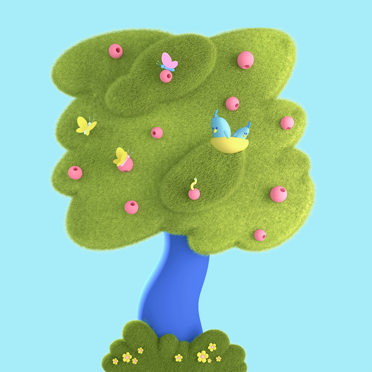 3d, illustration, baum, äpfel, schmetterlinge, vögel, nest
