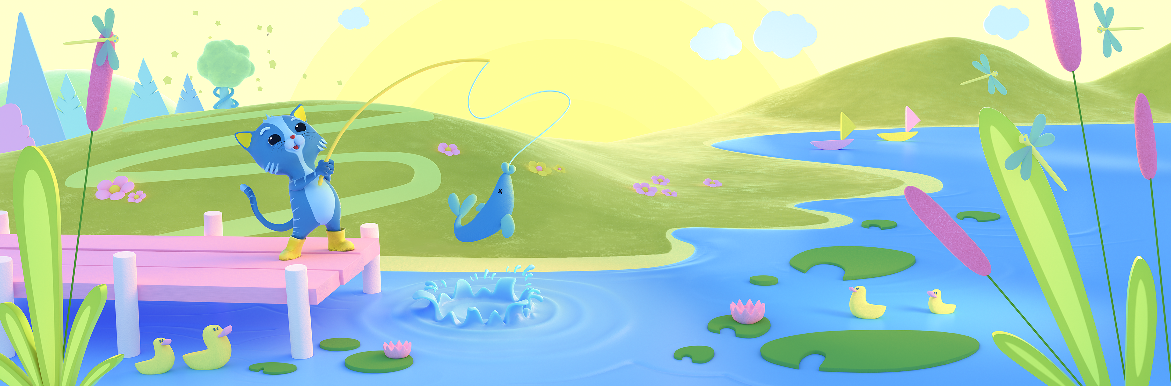 fischen, 3d, digital, illustration, fisch, see, hügel, tiere, hügel, libellen, character design, environment design, wien, österreich