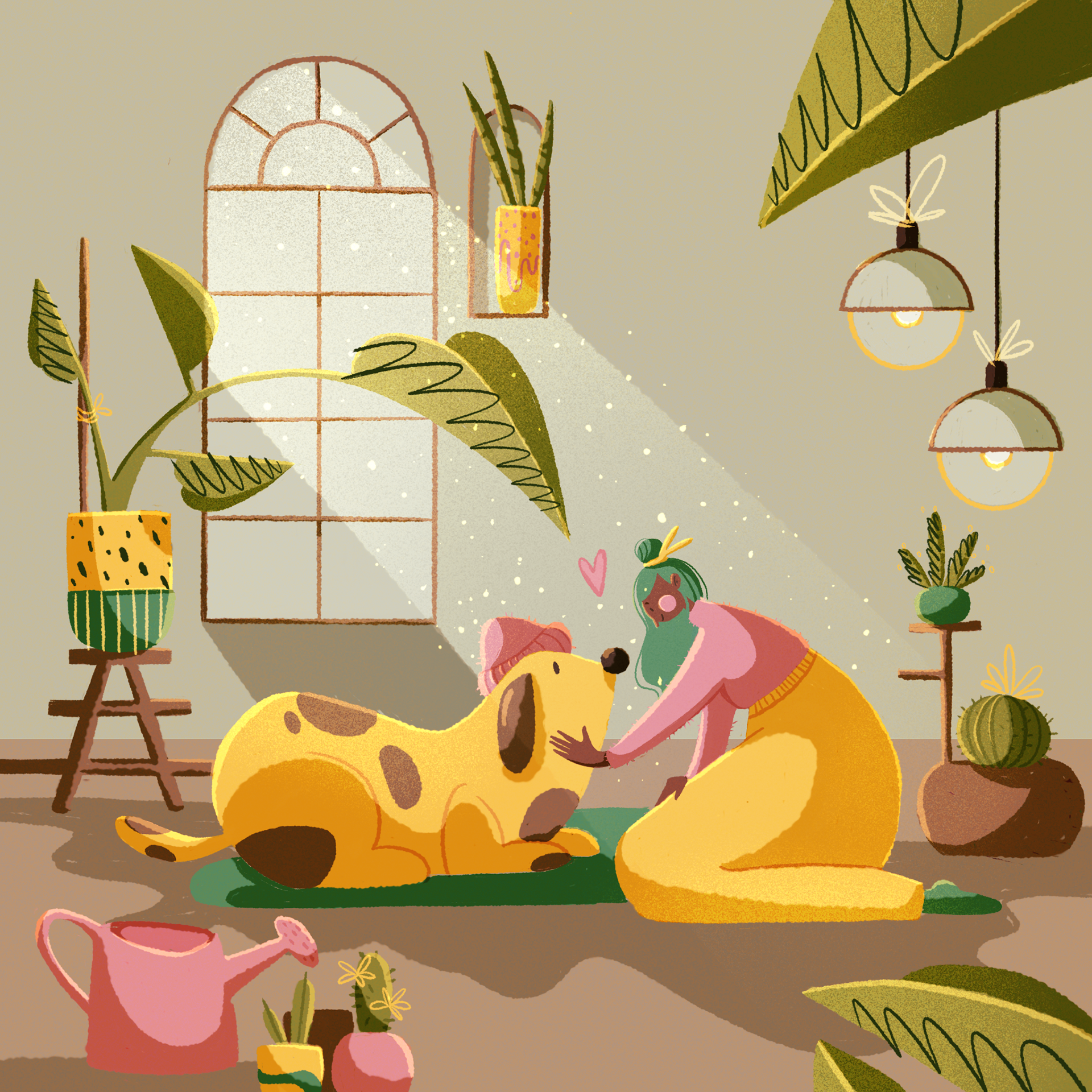 digital, illustration, dog, liebe, mädchen, woman, frau, charmant, bunt, wohnzimmer, kakteen, pflanzen, zeichnung