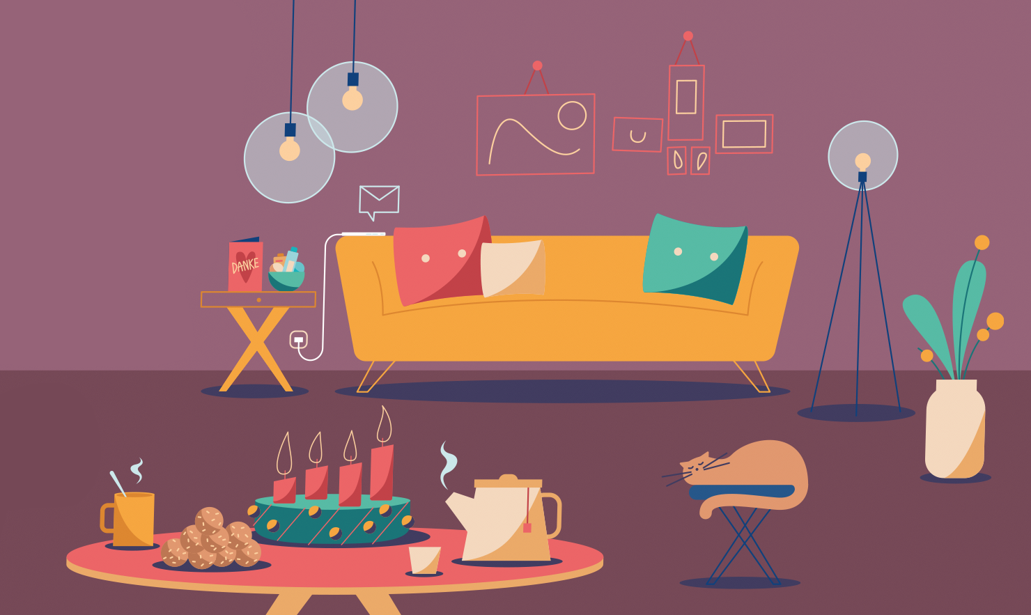 weihnachten, digitale illustration, postkarte, xmas, geschenke, presents, katze, wohnzimmer, cozy, winter, adventkranz, tee, kerzen vektor, vector