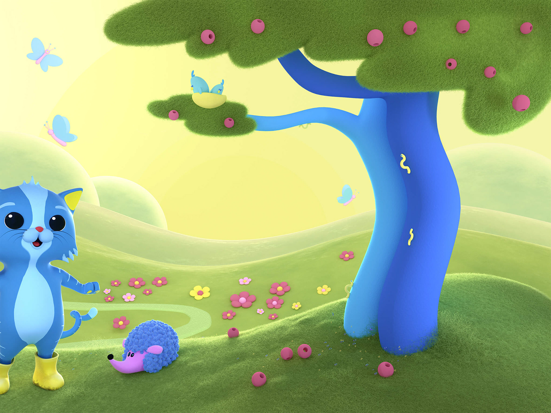 3d, baum, äpfel, nest, igel, kadzi, donau zentrum, 3d, illustration, character design, environment design, wien, österreich