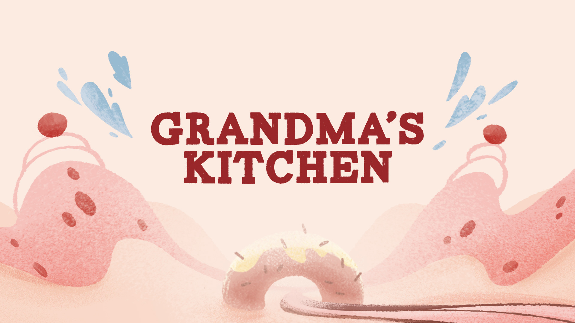 school of motion, illustration for motion, digitale illustration, grandmas kitchen, protein shakes, schlaraffenland, milch und honig, landschaft, macronen, erdbeeren, donuts, kirschen, wien, österreich