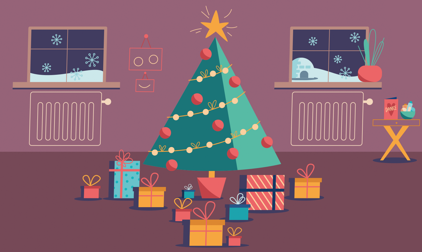 weihnachten, digitale illustration, postkarte, xmas, geschenke, presents, katze, wohnzimmer, cozy, winter vektor, vector