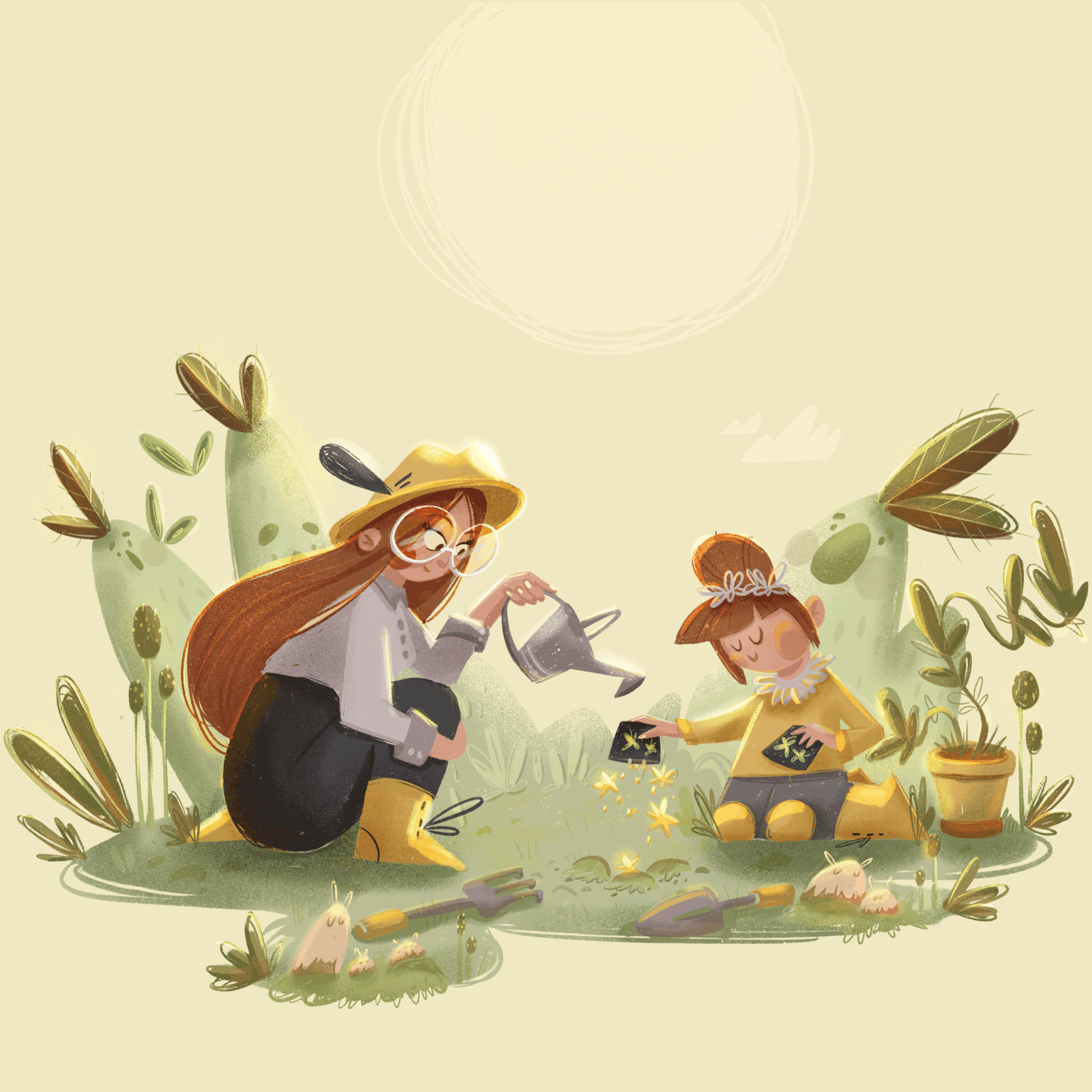 illustration, digital, 2d, kinderbuch, buchcover, gartenarbeit, mutter, kind, tochter, pflanzen, sommer, animation, gif, character design, wien, österreich