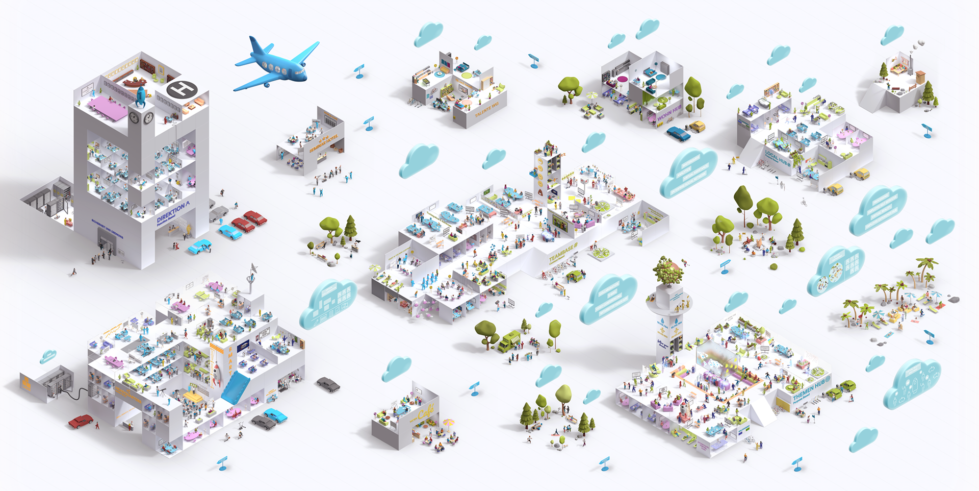 wimmelbild, 3D, illustration, characters, design, still, rendering, posing, lighting, modelling, yaymk, nextwork, moocon, austira, österreich, wien, arbeitswelt, haus, flugzeug, menschen, park, konzept