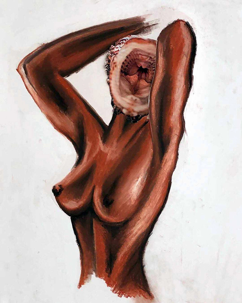 The Species, conte crayon and collage on paper, 24 x 36”, 2018.