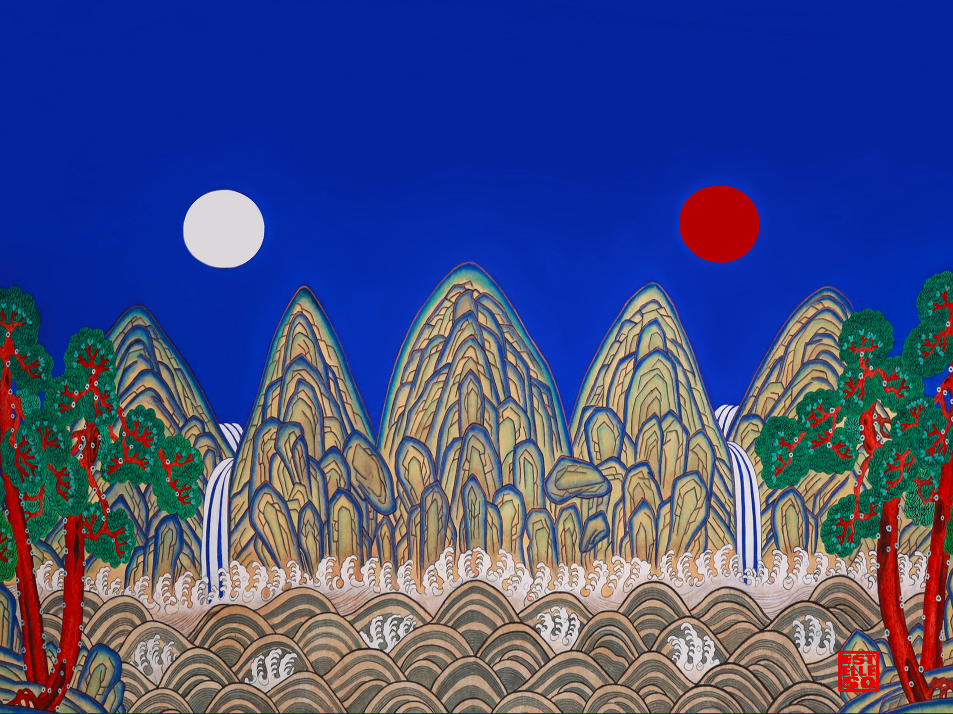 Irworobongdo, Estelle SO, 2020, Encre et pigments traditionnels coréens sur papier hanji, 90 × 70 cm, US$1,200, SOLD
