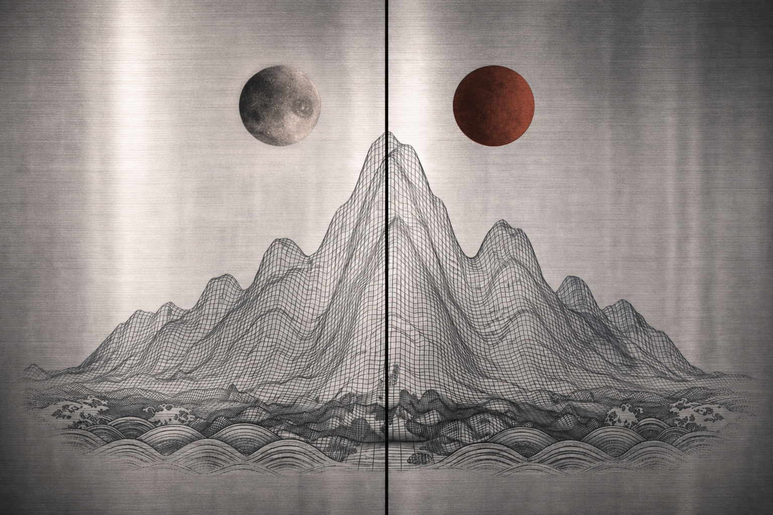 Irworobongdo — Structure de lumière, Estelle So, Panneau en aluminium brossé (type Dibond), gravure laser et micro-perforation, encres pigmentaires noires, peinture acrylique en couches (pigments intenses et fluorescents), L 50 x H 75 cm (par panneau), 2026,  US$3,200 / SOLD