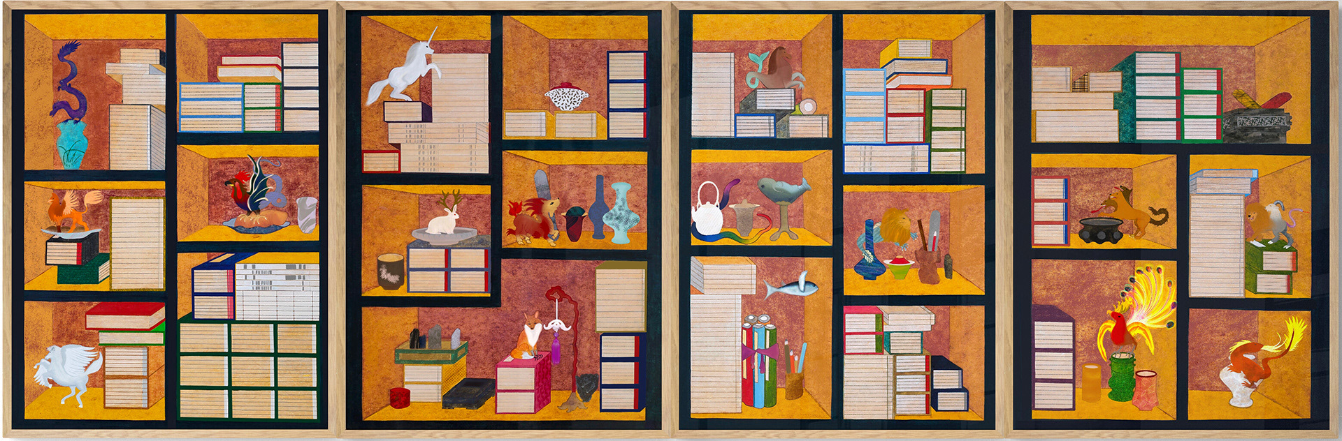 Estelle SO, Chaekgeori with fantasy animals,  Mixed media on Korean paper and panel, 90X280cm, colors on paper, 2021, US$3,600 / SOLD