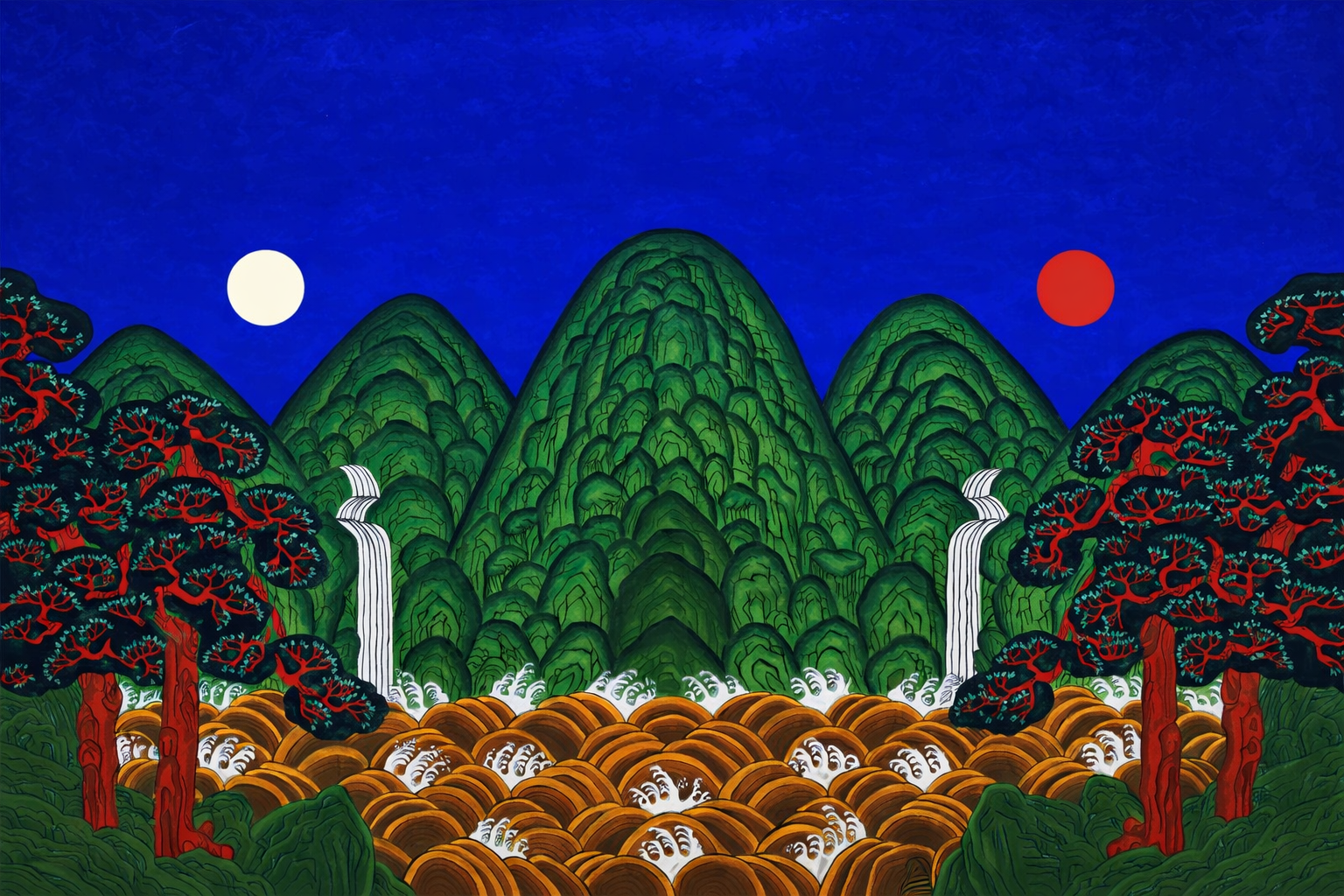 Irworobongdo, Estelle SO, 2017, Encre et pigments traditionnels coréens sur papier jangji, 115 × 80 cm