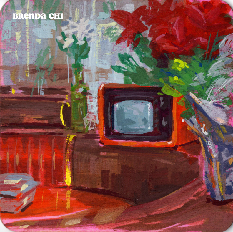 Painting of interior booth with orange 70s TV - Fred 62 Los Feliz - 12/2021 - Brunch Time
