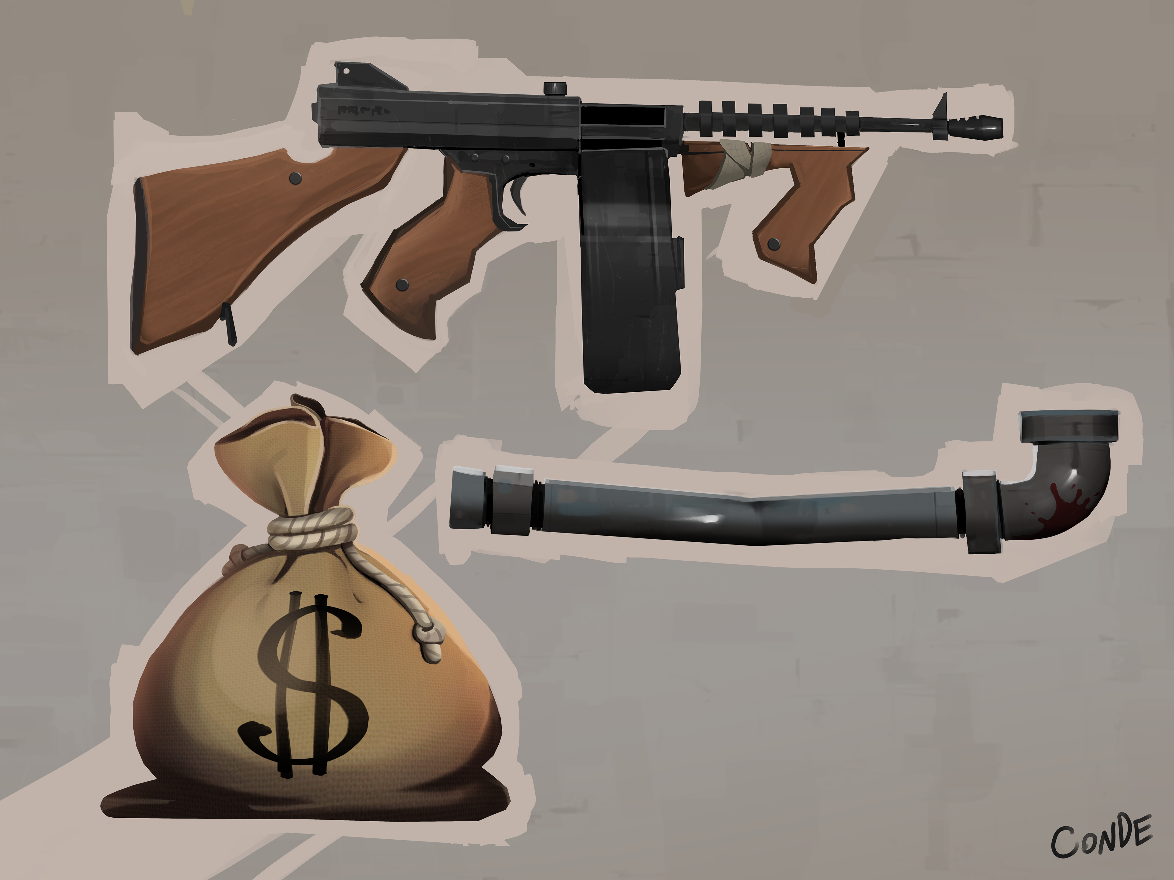 Super SMG, Perk Bag, Lead Pipe - Weapon designs for Team Fortress 2 VIP Mode