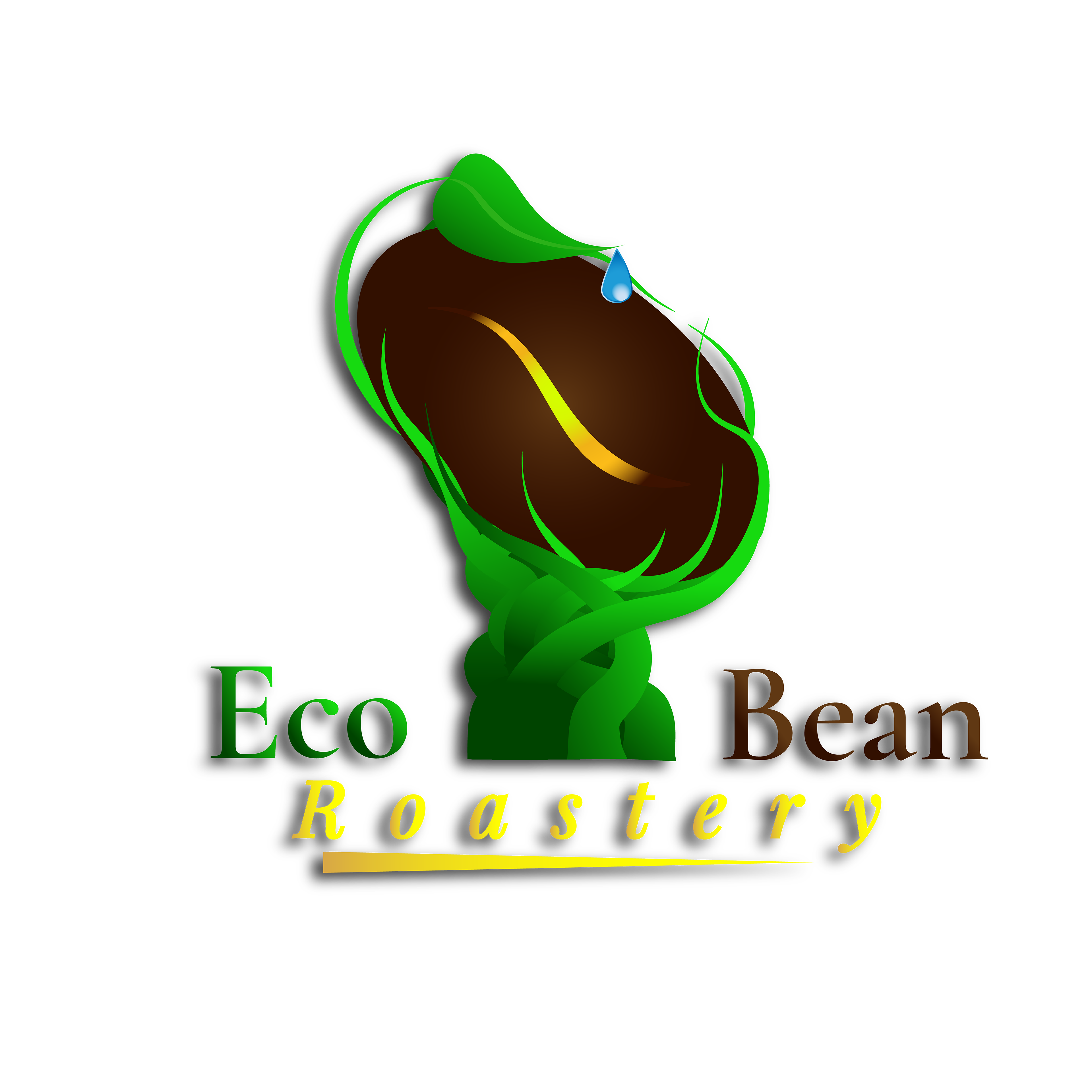 EcoBean Roastery primary gradient logo with green coffee-bean icon and Playfair Display wordmark on light background.