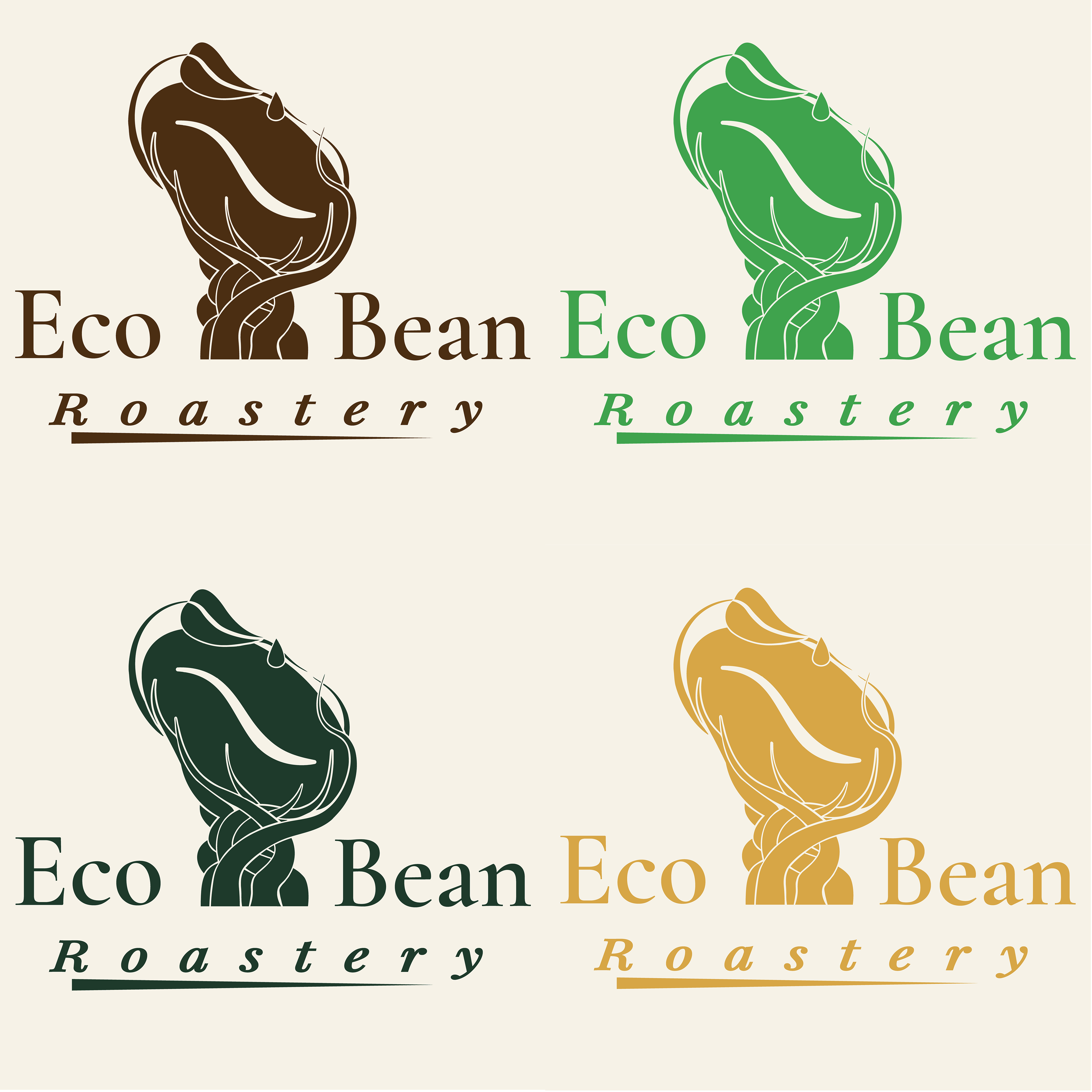 EcoBean Roastery flat color logo variations in brown, green, dark green and yellow, featuring the stylized coffee-bean-and-vines icon paired with the Playfair Display wordmark