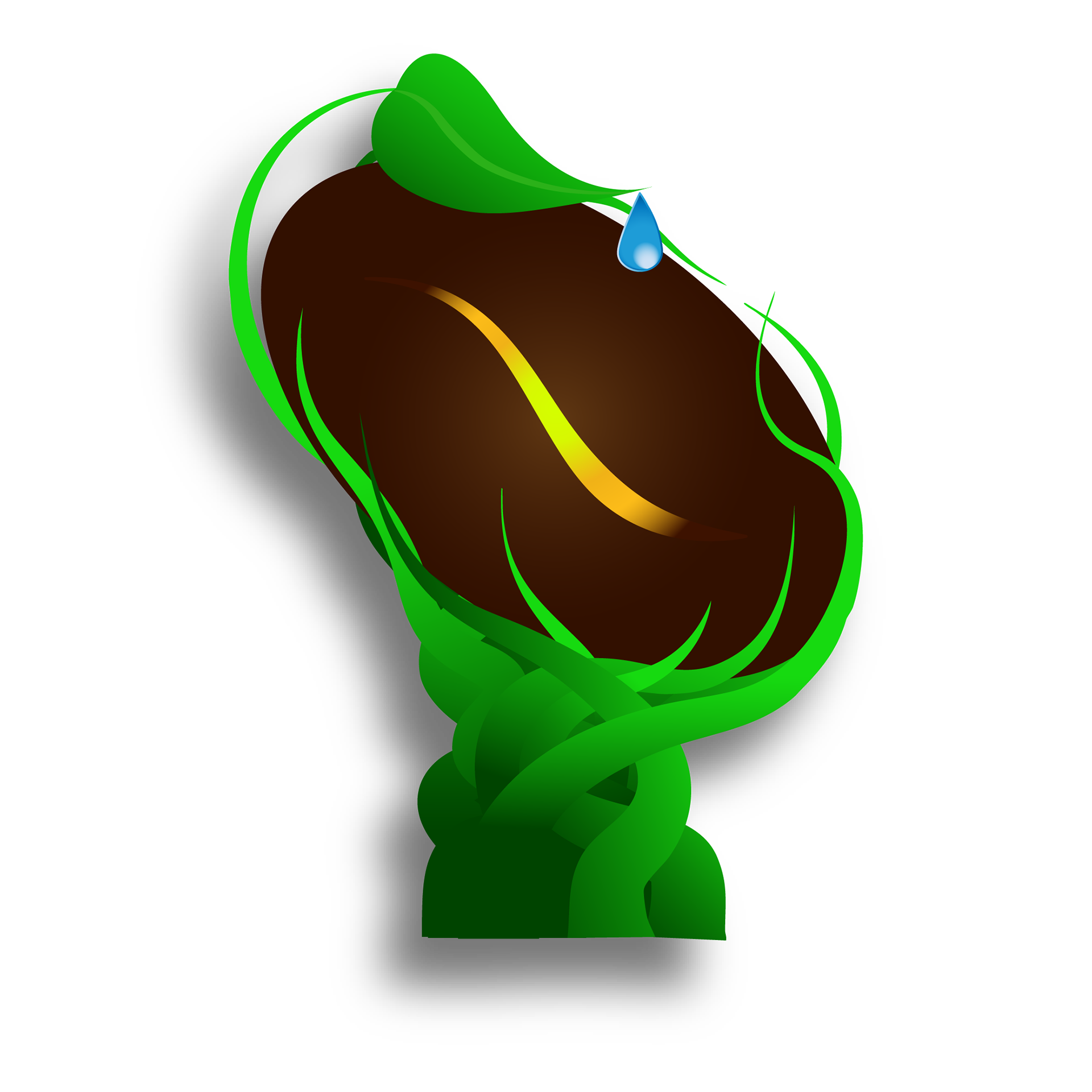 Illustrated coffee bean wrapped in bright green leaves with a blue water droplet above it.