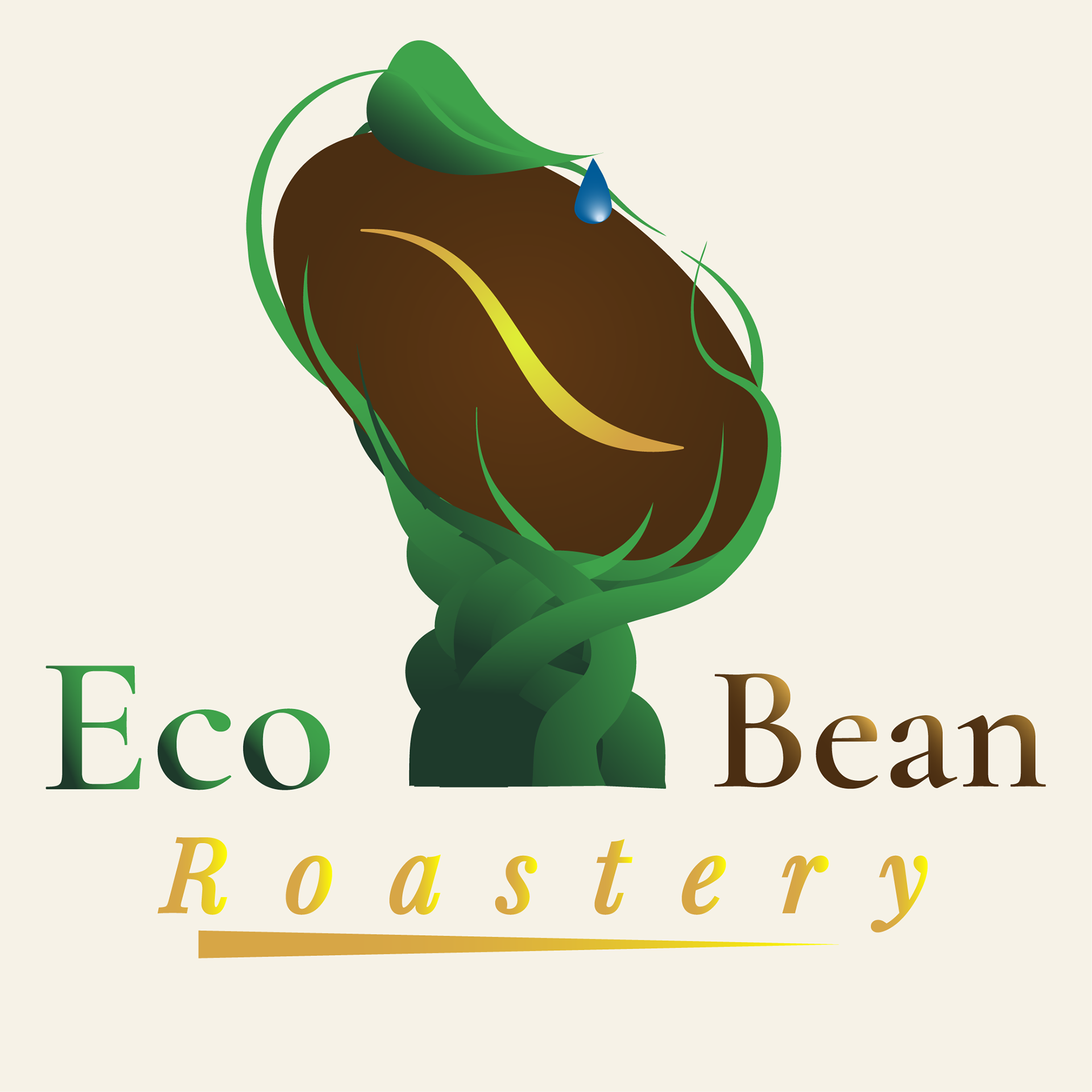 EcoBean Roastery primary logo featuring a stylized coffee bean wrapped in green organic vines with a water droplet, paired with the Playfair Display wordmark