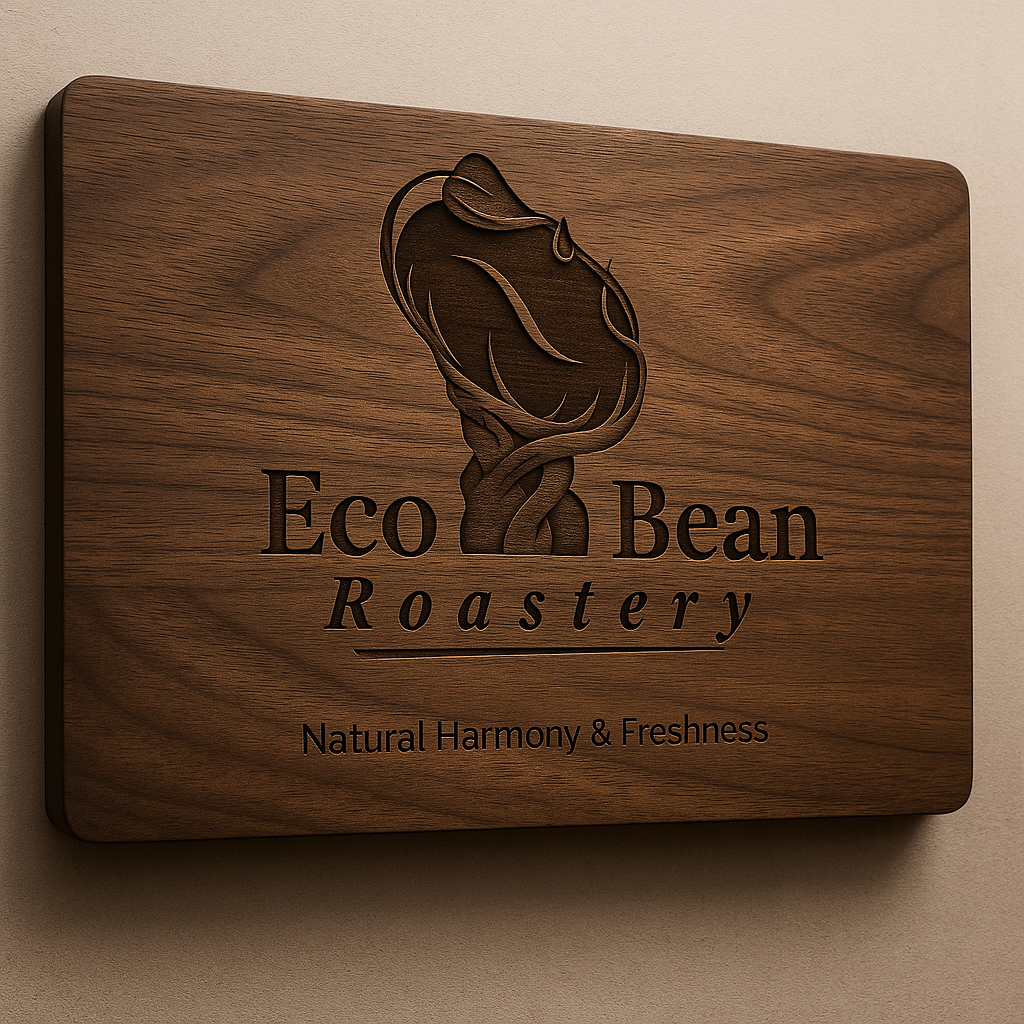 Wooden engraved logo mockup for Eco Bean Roastery, showing an organic coffee bean emblem with vine shapes and classic serif typography, emphasizing natural harmony and freshness.