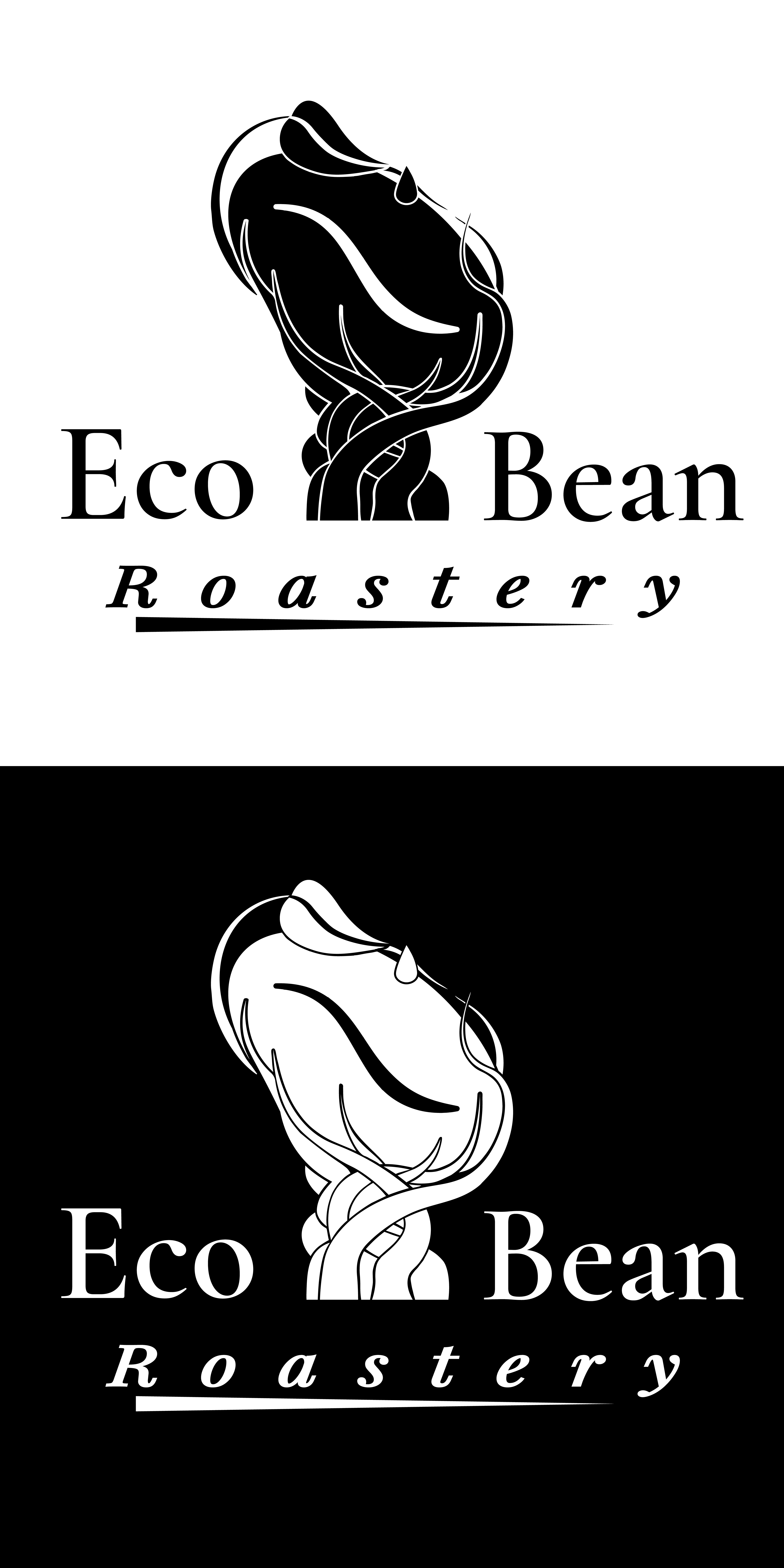 EcoBean Roastery monochrome logo set showing a black-on-white and white-on-black version of the EcoBean logomark and wordmark, featuring the stylized coffee-bean icon with vines and the Playfair Display wordmark.