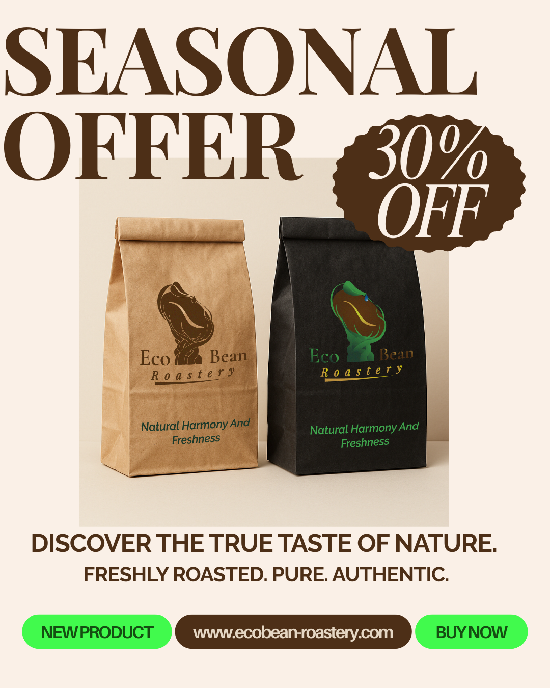 EcoBean seasonal offer banner featuring kraft and black coffee bags with 30% OFF badge and minimalist promotional layout.
