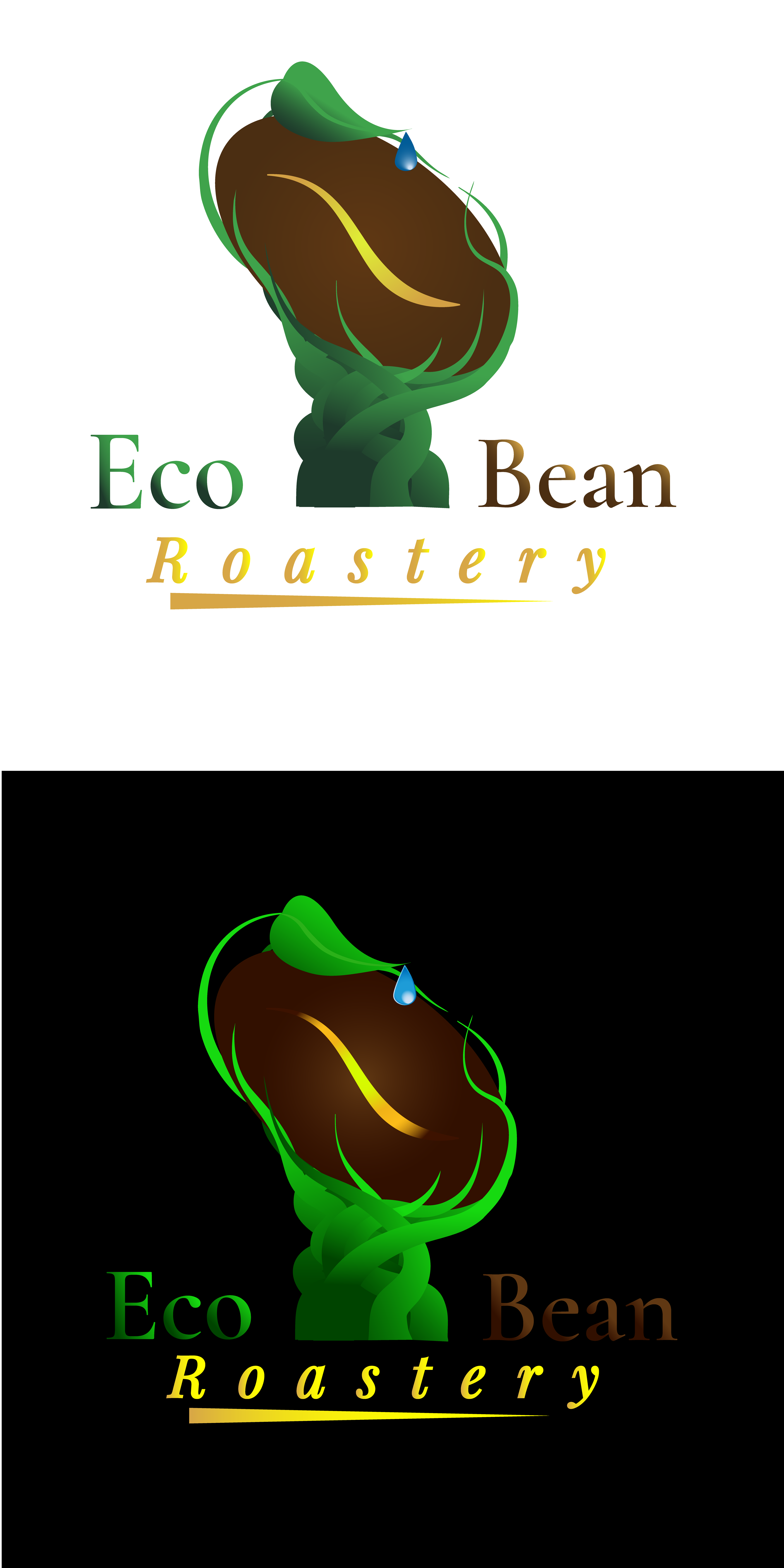 EcoBean Roastery gradient logo variations on light and dark backgrounds, showcasing the coffee-bean logomark with natural green vines in full-color gradient style.