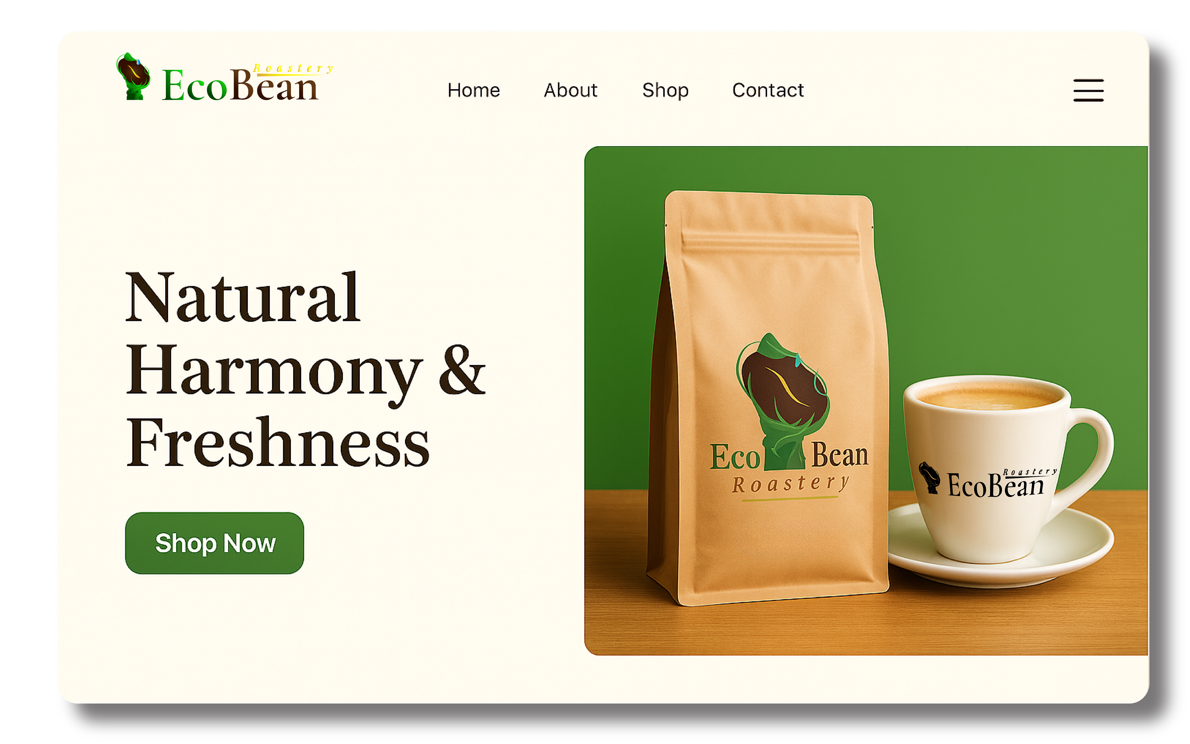 EcoBean Roastery homepage web design mockup featuring a green and brown coffee bag and cup, showcasing a natural and eco-friendly brand aesthetic.