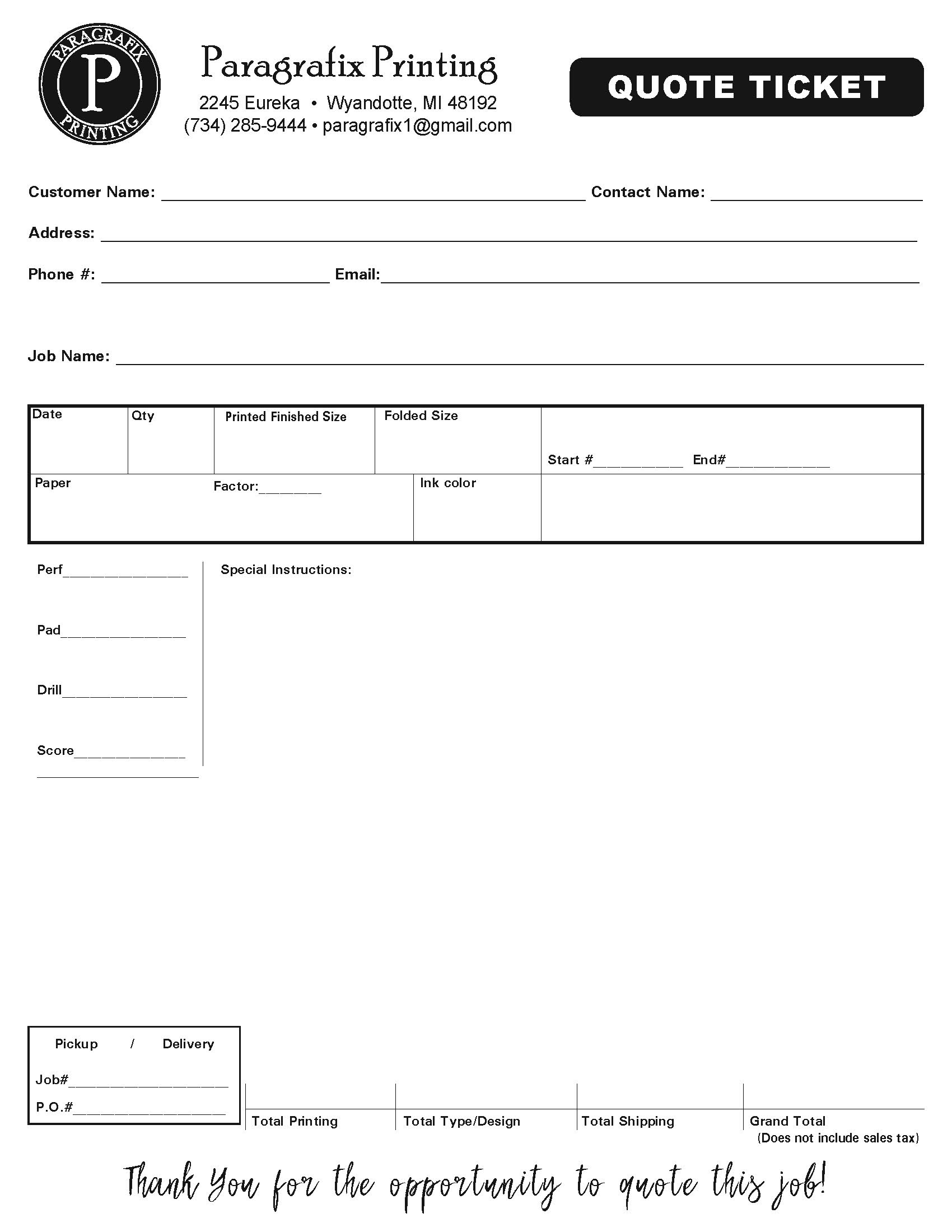 Paragrafix Printing - Quote Ticket