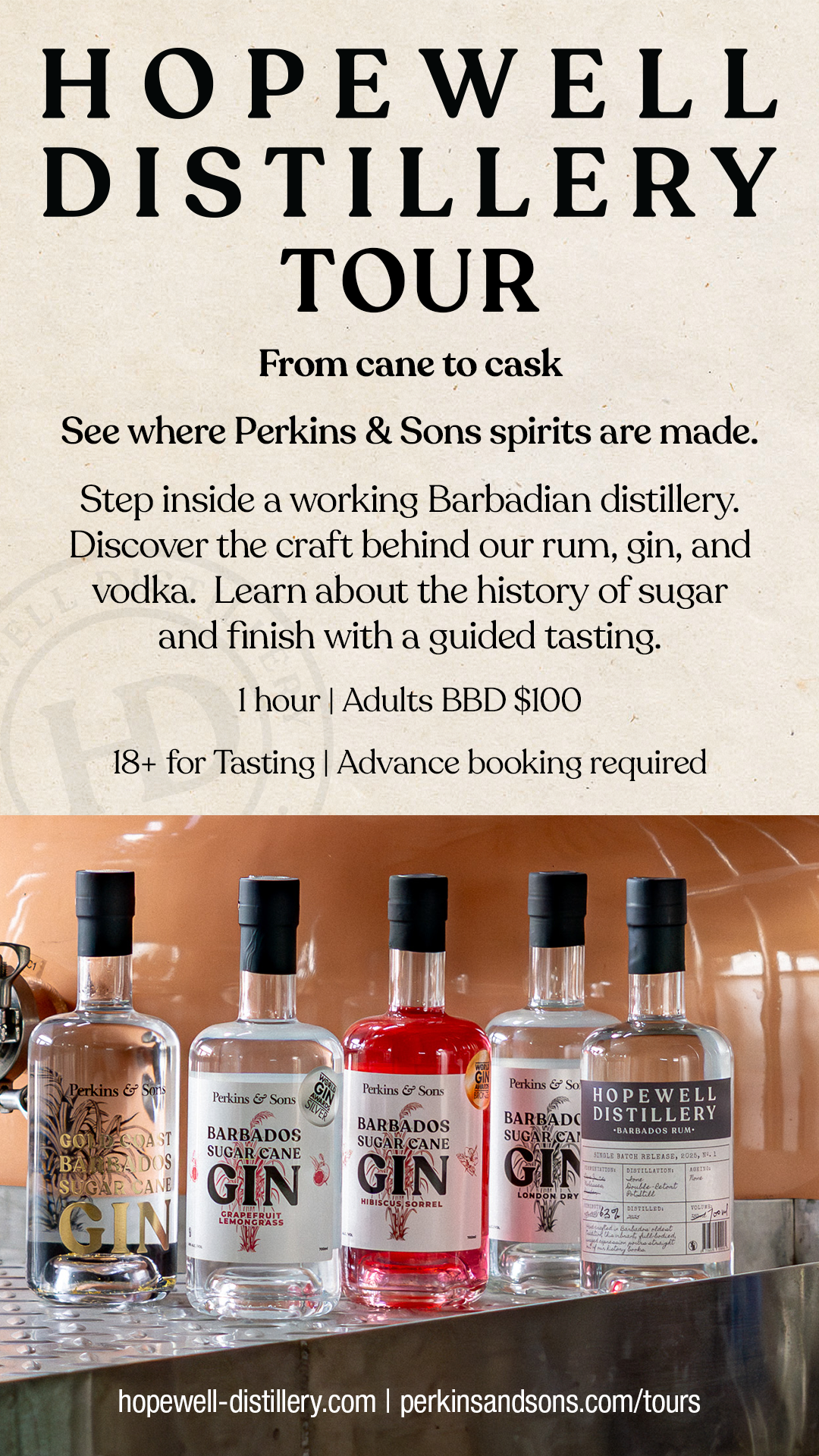 Hopewell Distillery Tour promotional graphic, designed for WhatsApp and private channel sharing
