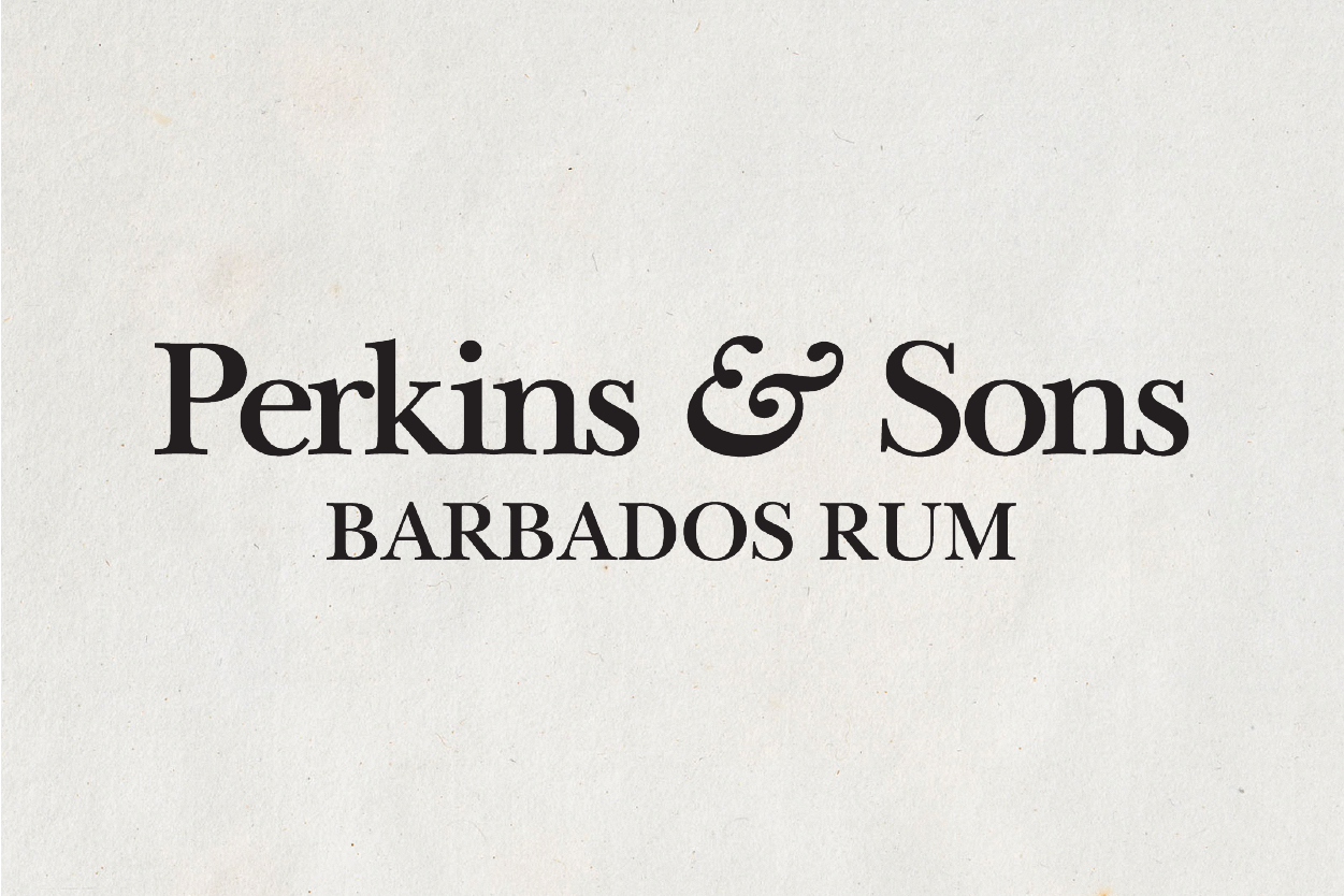 Perkins & Sons rebranded logo full "Perkins & Sons Barbados Rum" wordmark on cream background