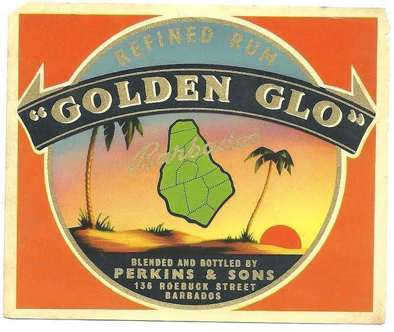 Original vintage "Golden Glo" Perkins & Sons rum label, orange and blue design with Barbados island illustration