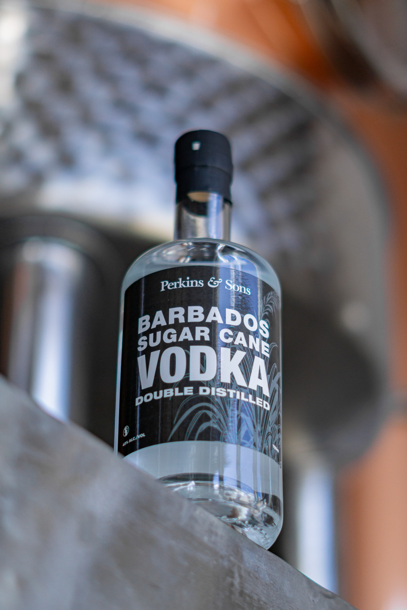 Perkins & Sons Barbados Sugar Cane Vodka, Double Distilled, close-up bottle photography