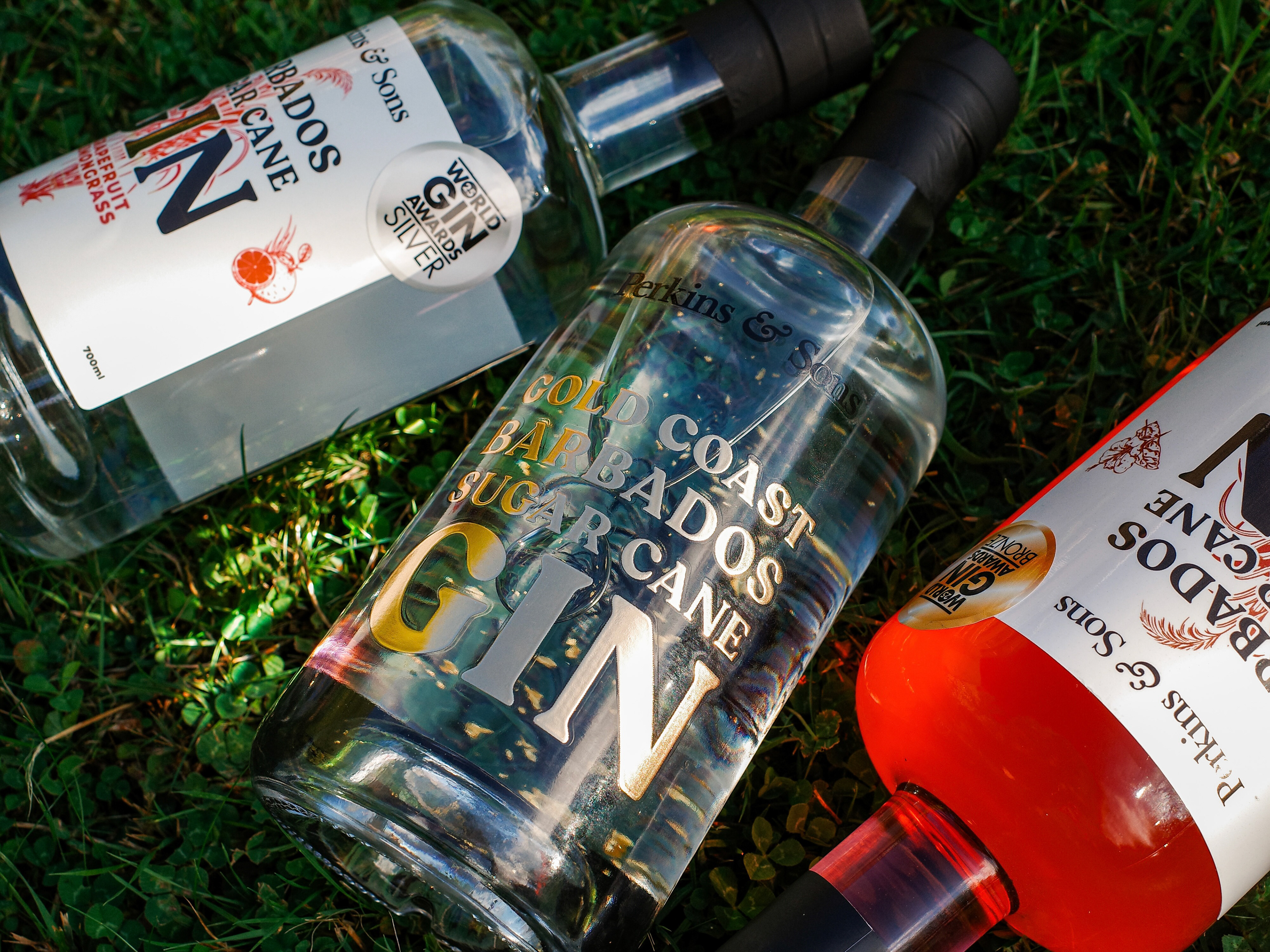 Perkins & Sons Sugar Cane Gin range, Grapefruit Lemongrass and Hibiscus Sorrel bottles with Gold Coast Gin, laid in grass