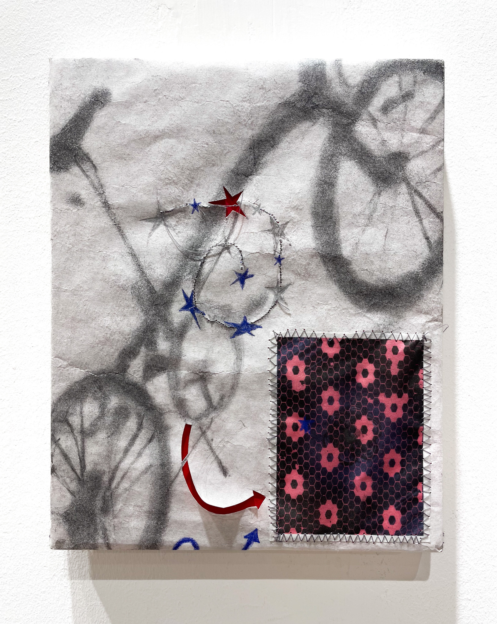 a shadow cast off myself, 2024, inkjet print on tracing paper, sewing machine detailing, and graphite on Kozo mounted on wood panel, 8 x 10"